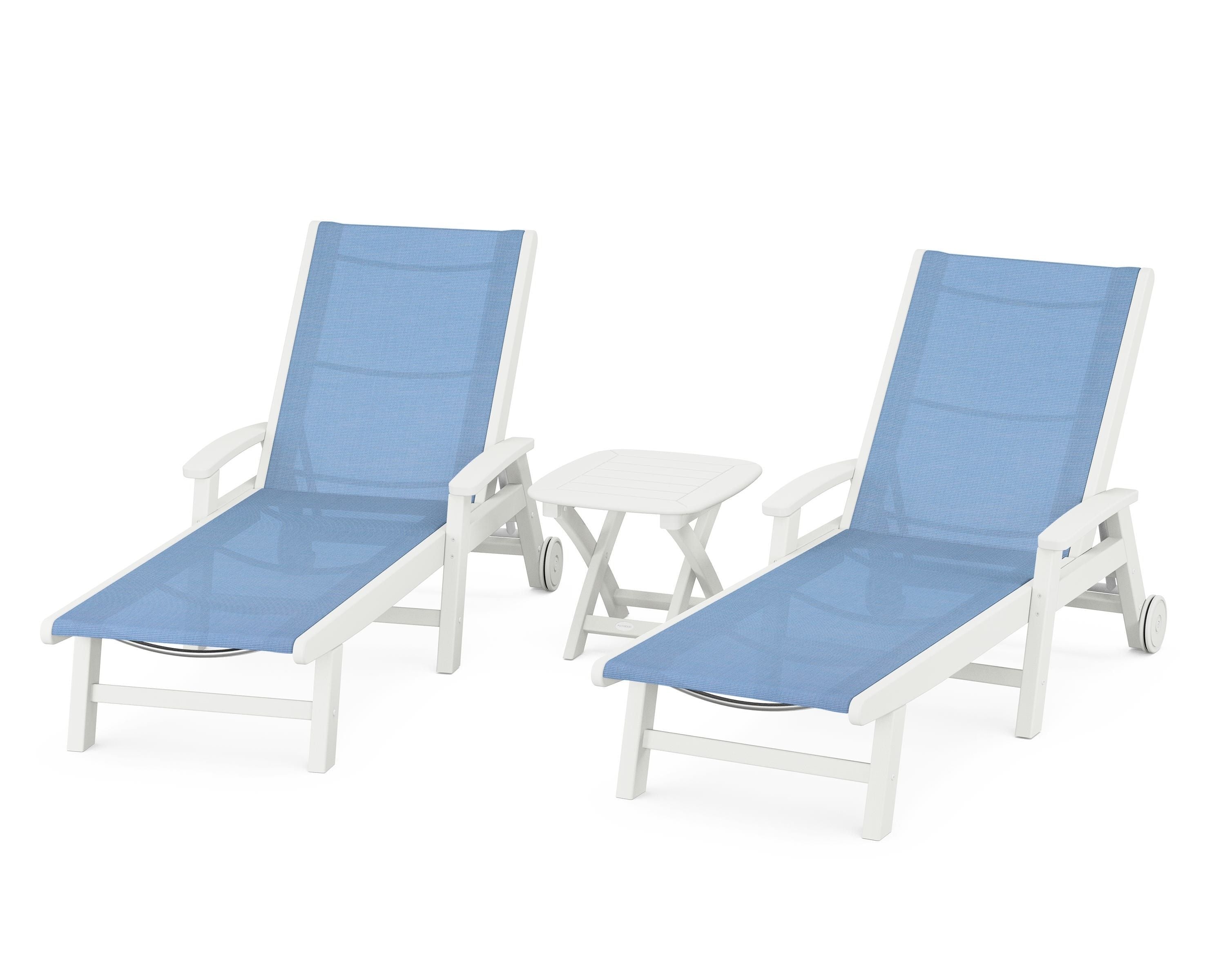 POLYWOOD Coastal 3-Piece Wheeled Chaise Set in Vintage White / Poolside Sling