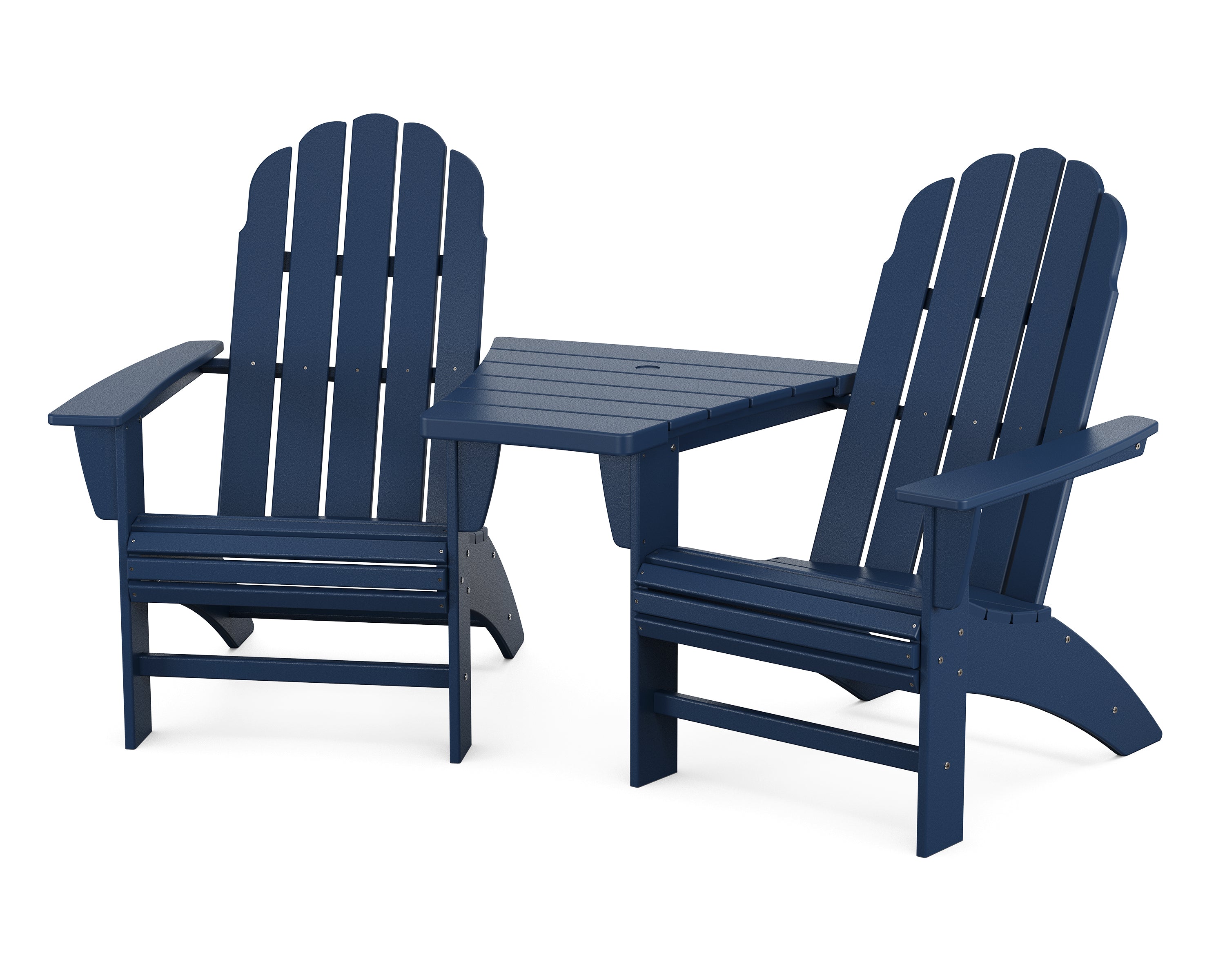 POLYWOOD® Vineyard 3-Piece Curveback Adirondack Set with Angled Connecting Table in Navy