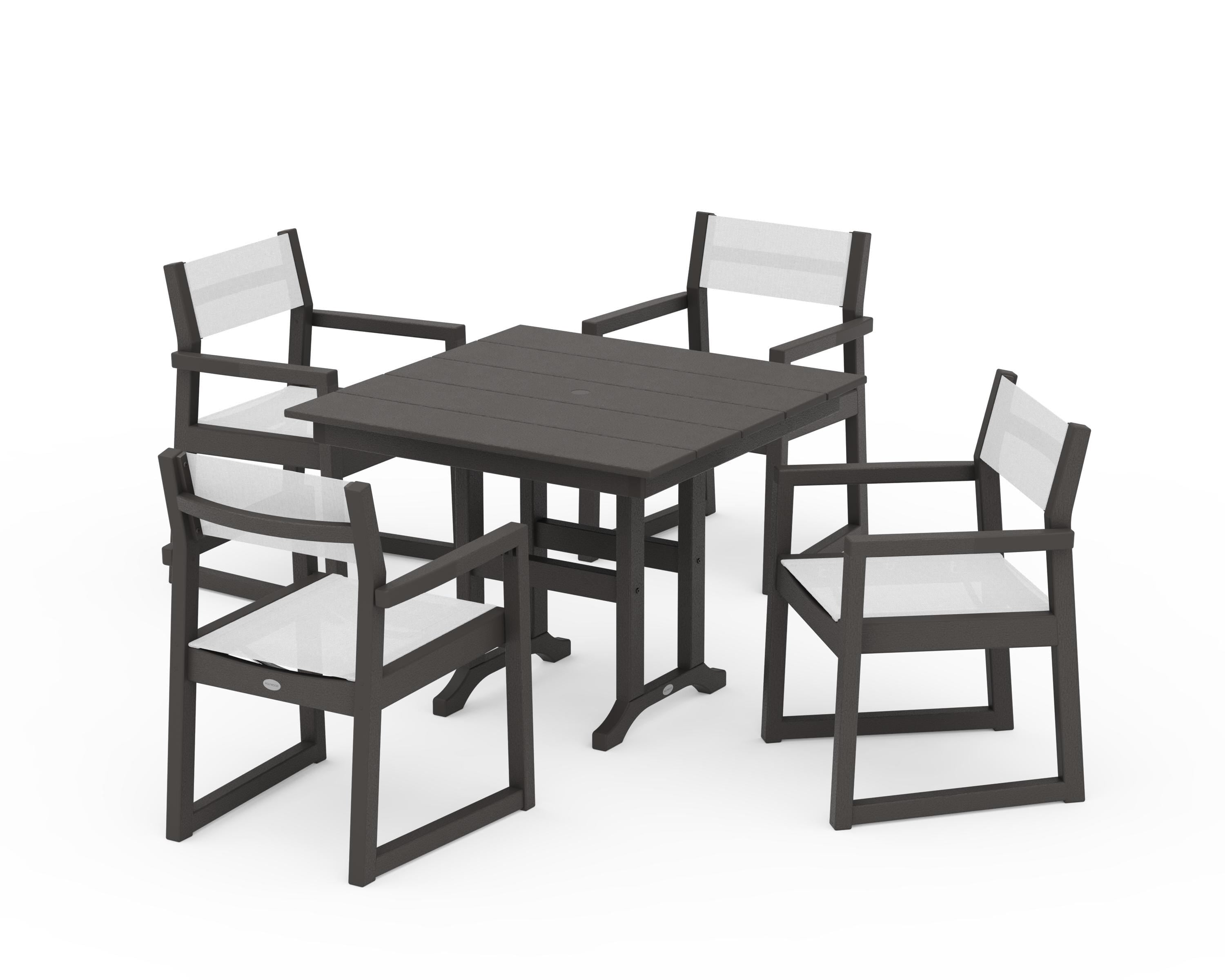 POLYWOOD EDGE Sling Arm Chair 5-Piece Farmhouse Dining Set in Vintage Coffee / White Sling