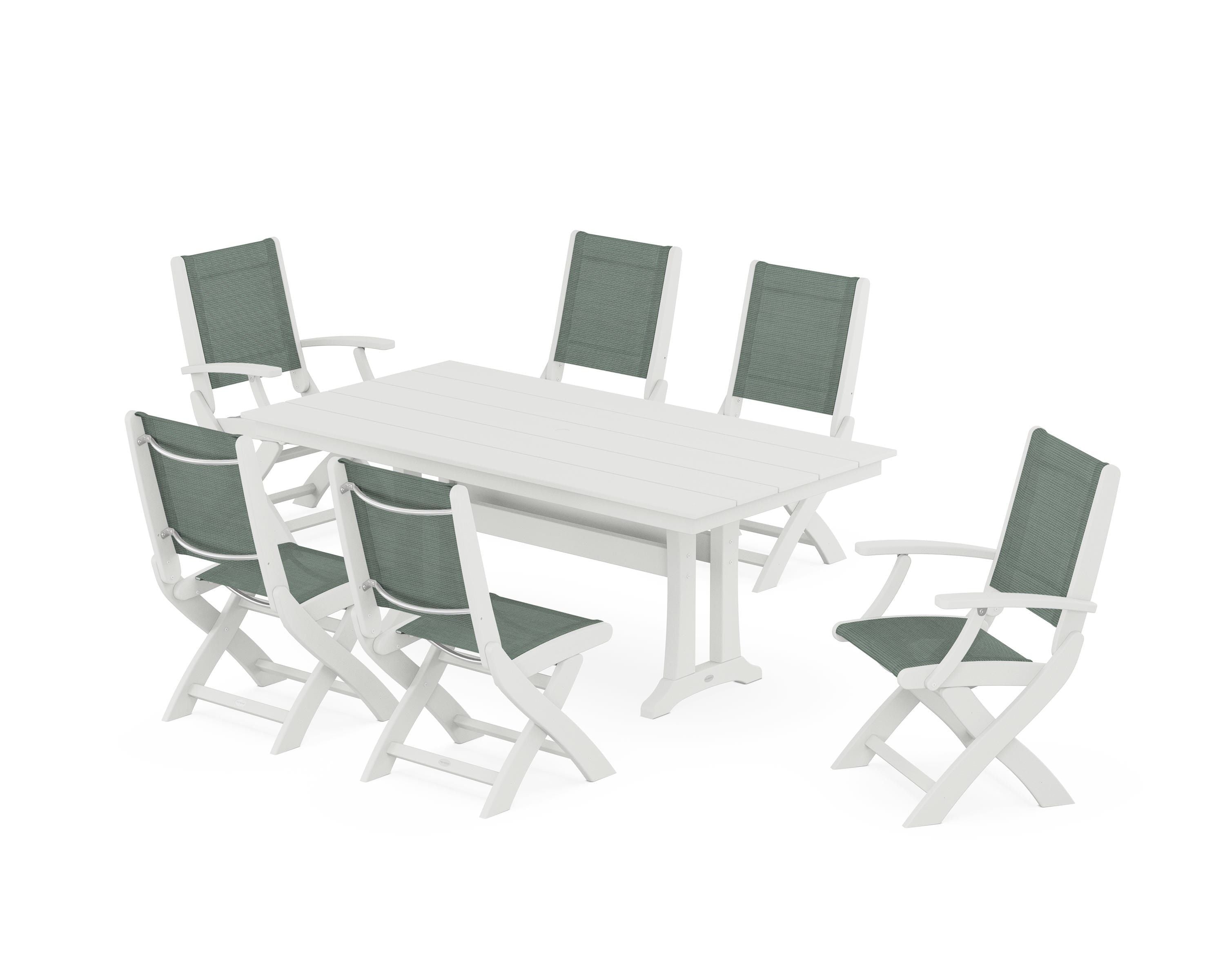 POLYWOOD Coastal Folding Chair 7-Piece Farmhouse Dining Set with Trestle Legs in Vintage White / Dupioni Sea Mist Sling