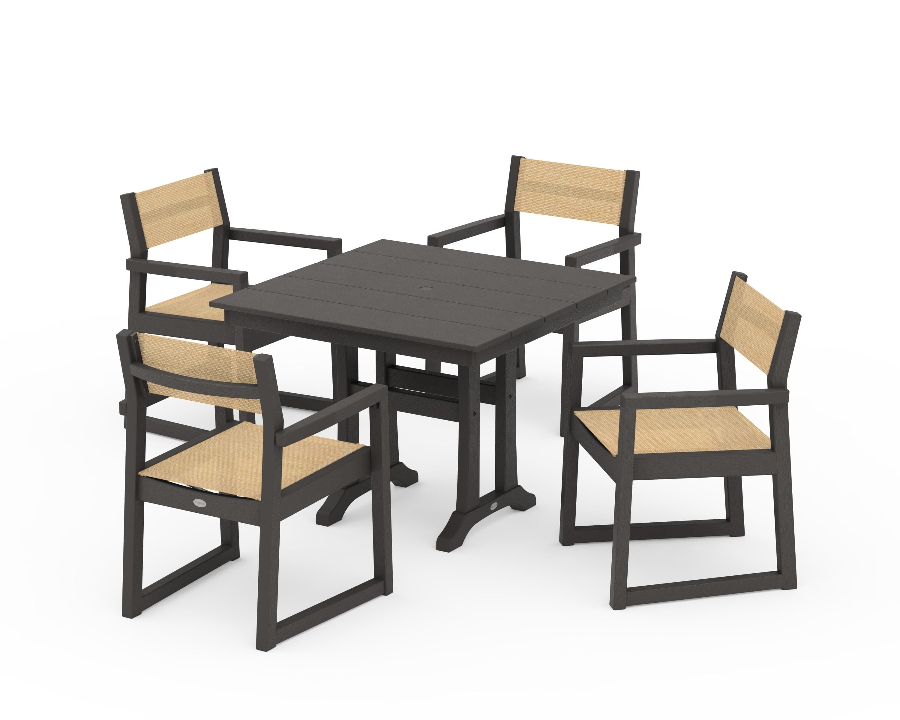POLYWOOD EDGE Sling 5-Piece Farmhouse Dining Set with Trestle Legs in Vintage Coffee / Dupioni Apricot Sling