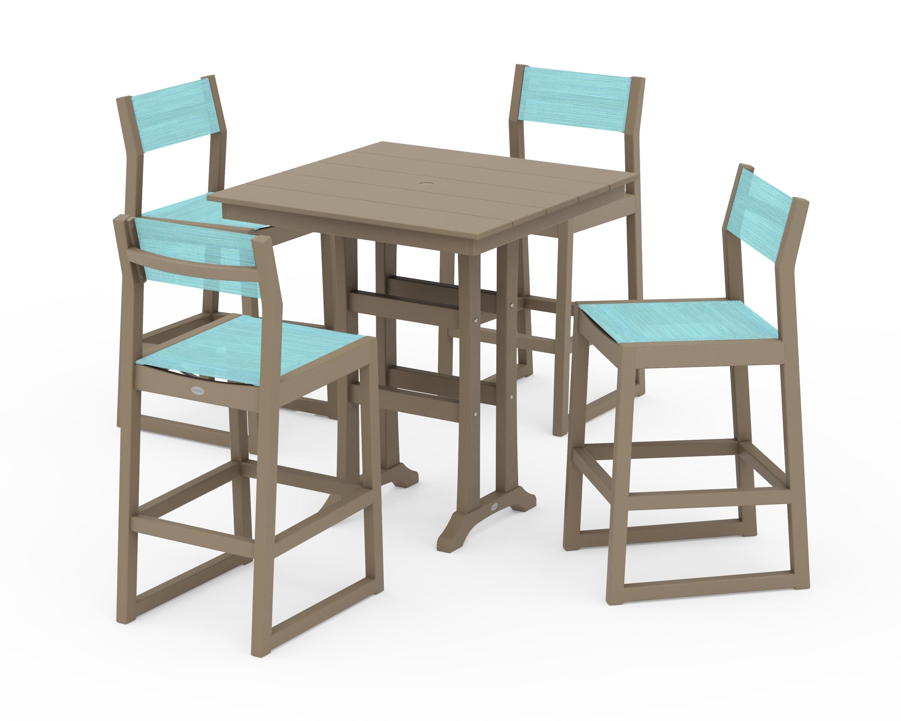POLYWOOD EDGE Sling Arm Chair 5-Piece Farmhouse Bar Set with Trestle Legs in Vintage Sahara / Dupioni Aquamarine Sling