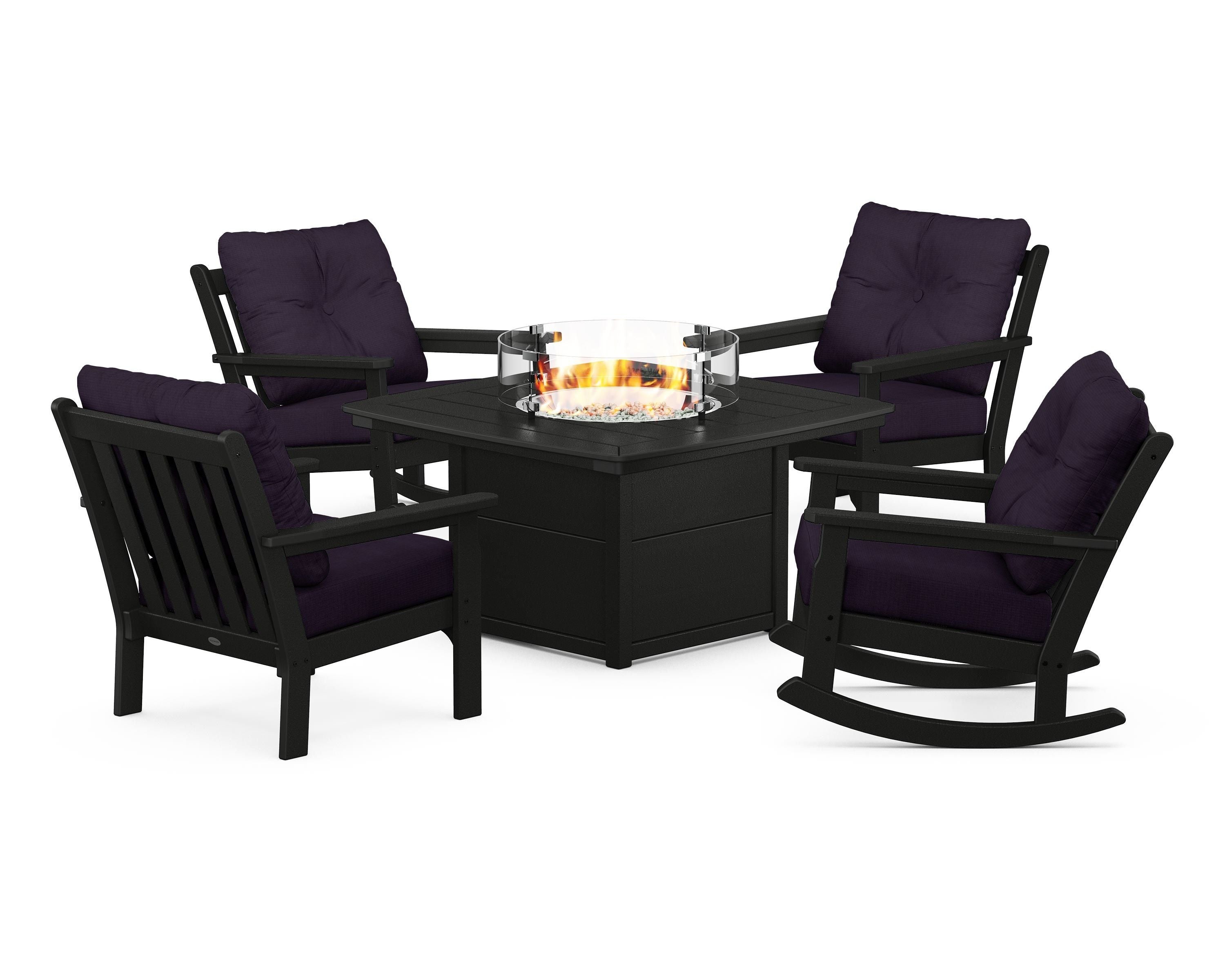 POLYWOOD Vineyard 5-Piece Deep Seating Rocking Chair Conversation Set with Fire Pit Table in Black / Navy Linen