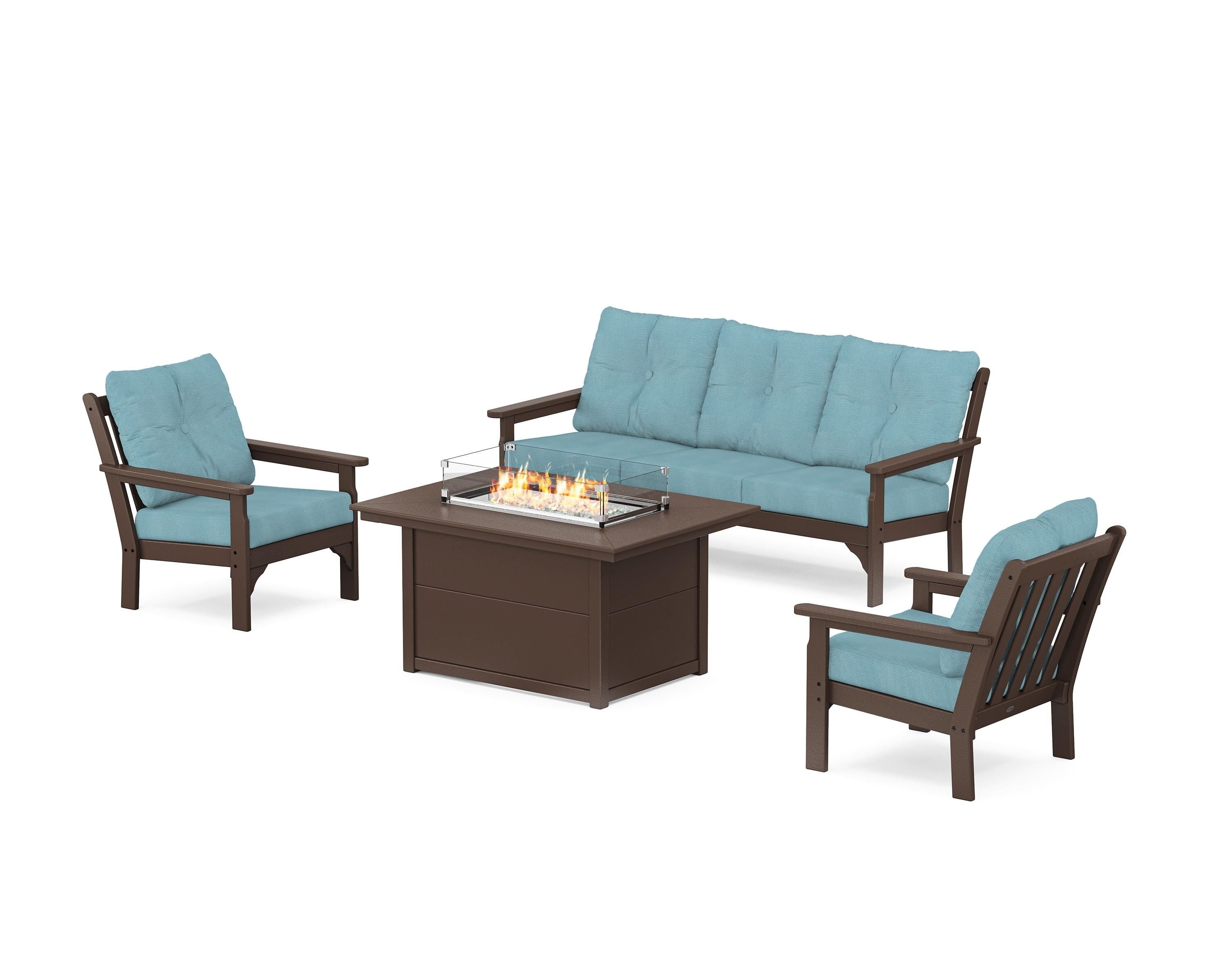 POLYWOOD Vineyard Deep Seating Fire Pit Table Set in Mahogany / Lattice Sky Blue
