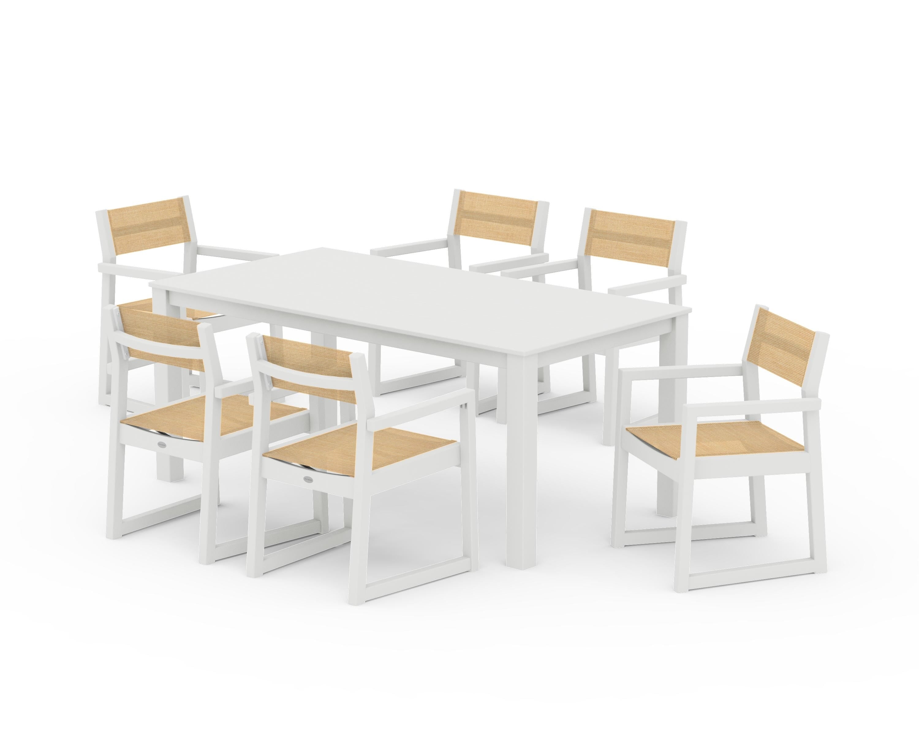 POLYWOOD EDGE Sling Arm Chair 7-Piece Parsons Dining Set in Vintage White / Dupioni Apricot Sling