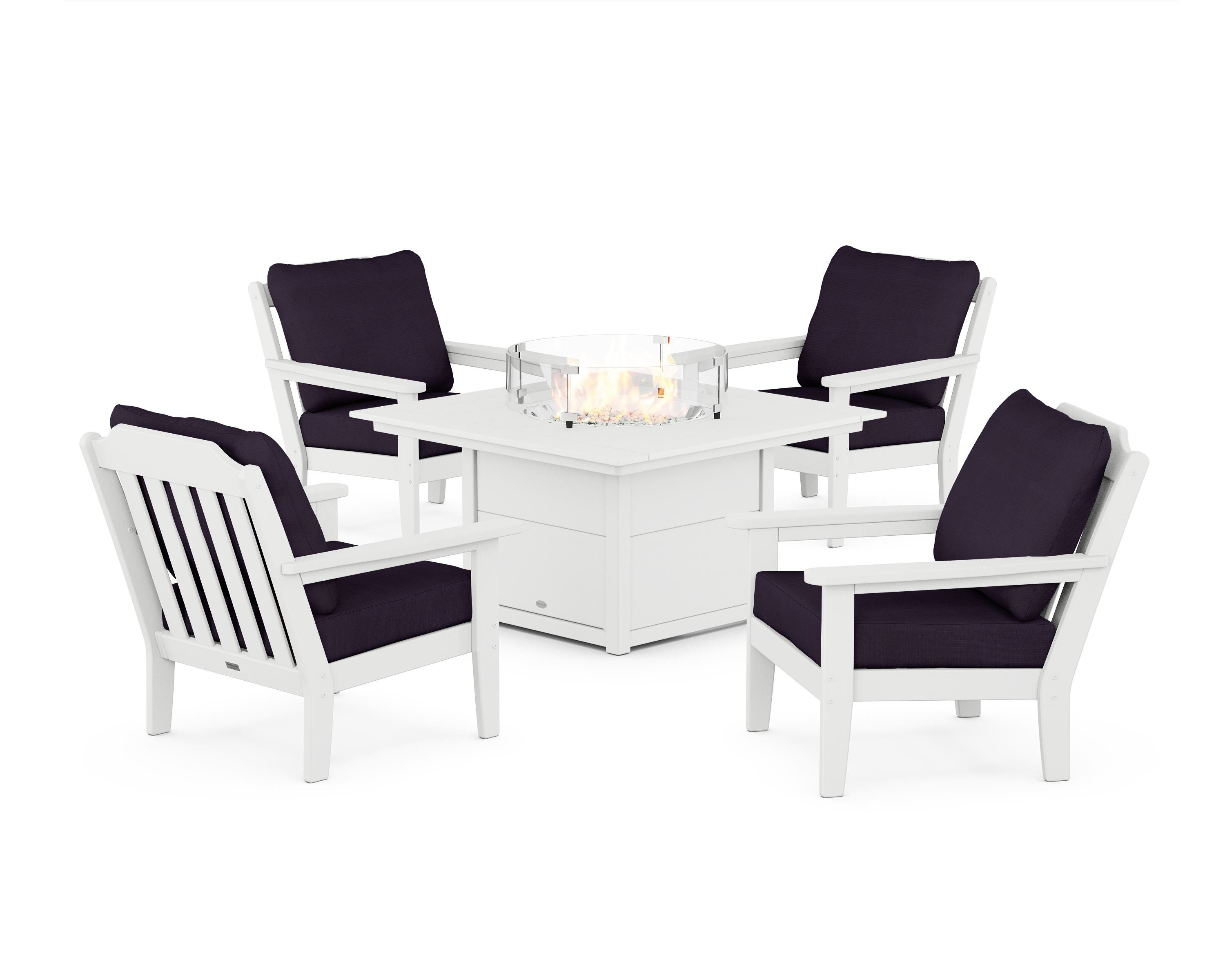 Country Living Cottage 5-Piece Deep Seating Set with Fire Pit Table in White / Navy Linen