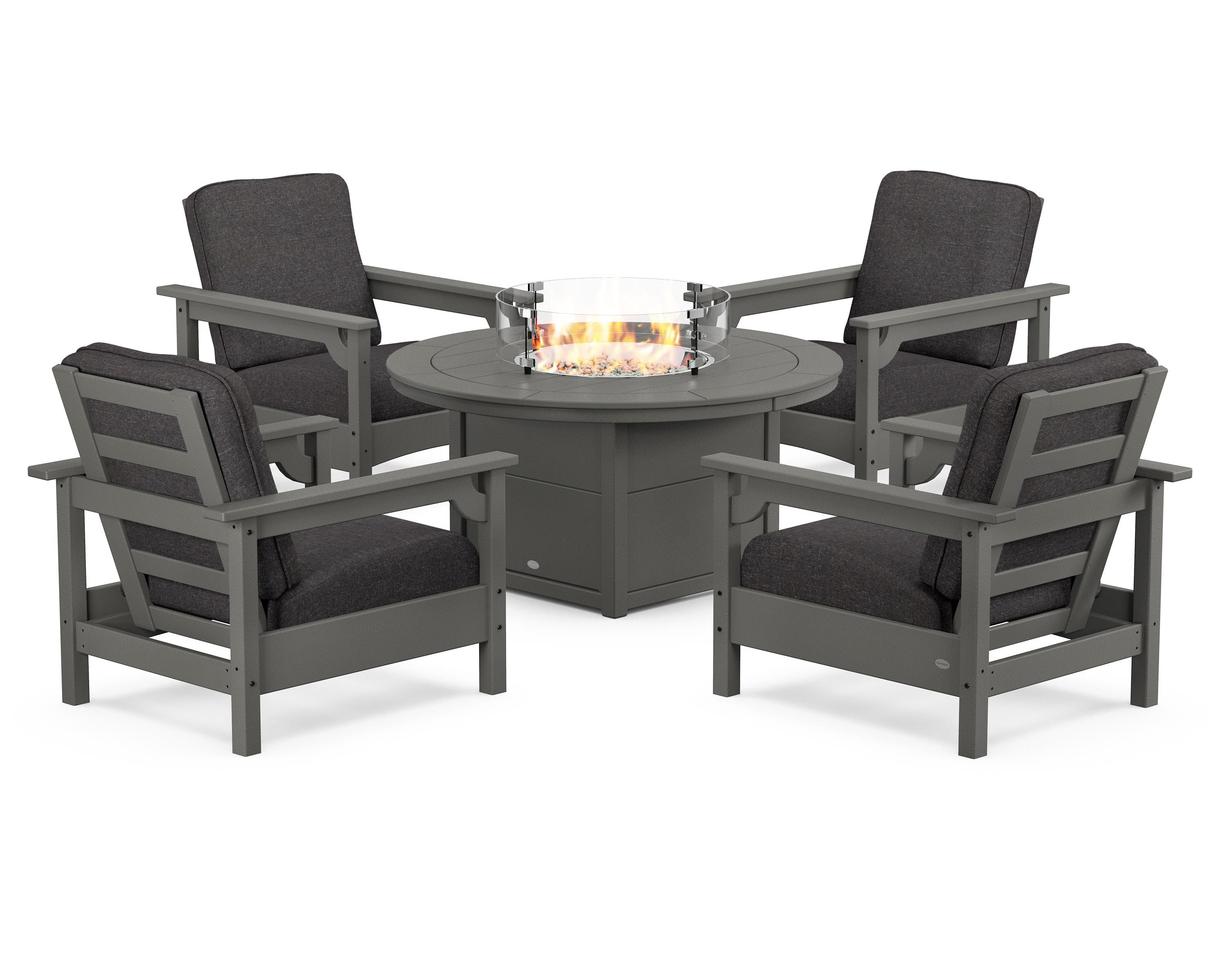 POLYWOOD Club 5-Piece Conversation Set with Fire Pit Table in Slate Grey / Ash Charcoal