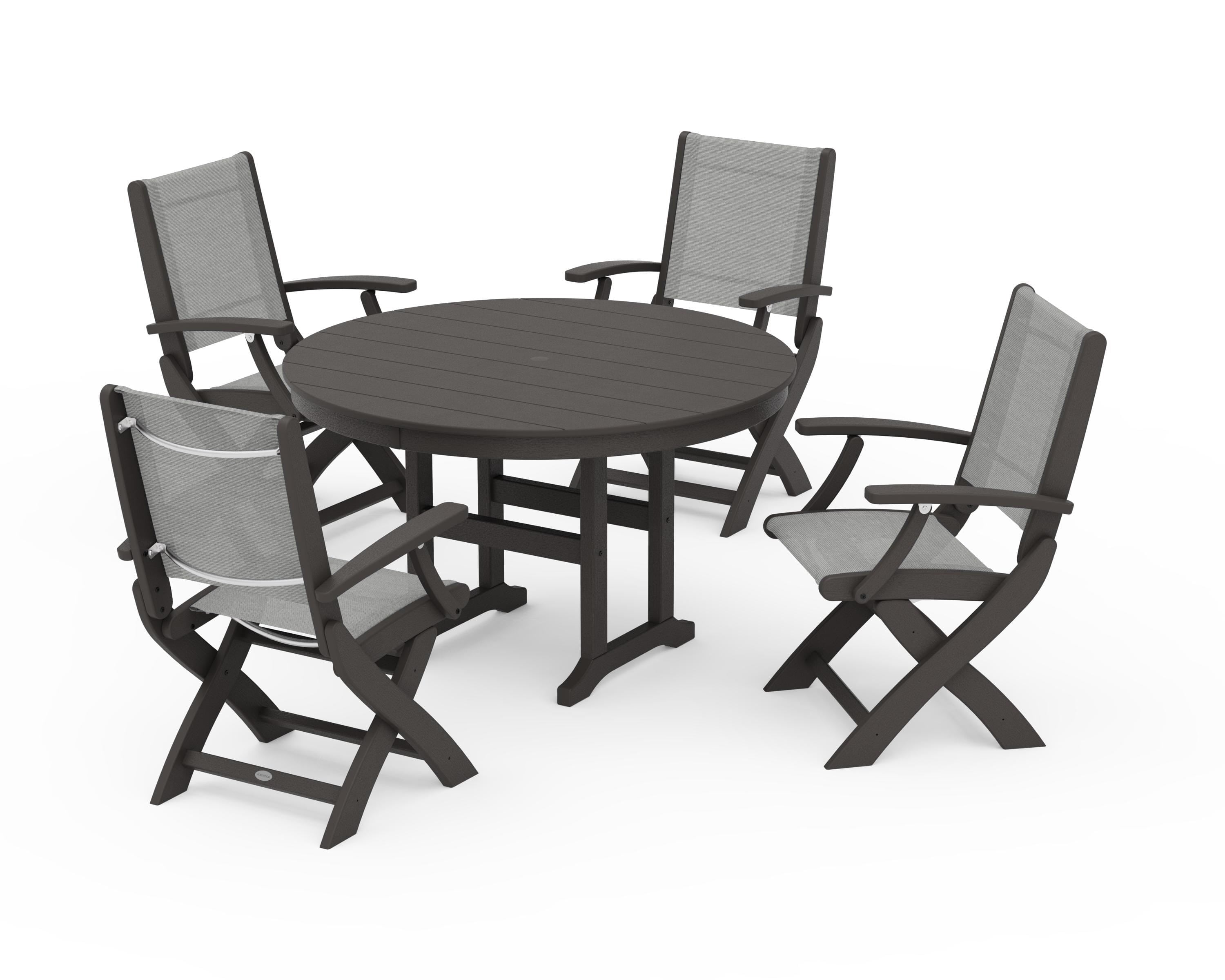 POLYWOOD Coastal Folding Chair 5-Piece Round Dining Set in Vintage Coffee / Metallic Sling