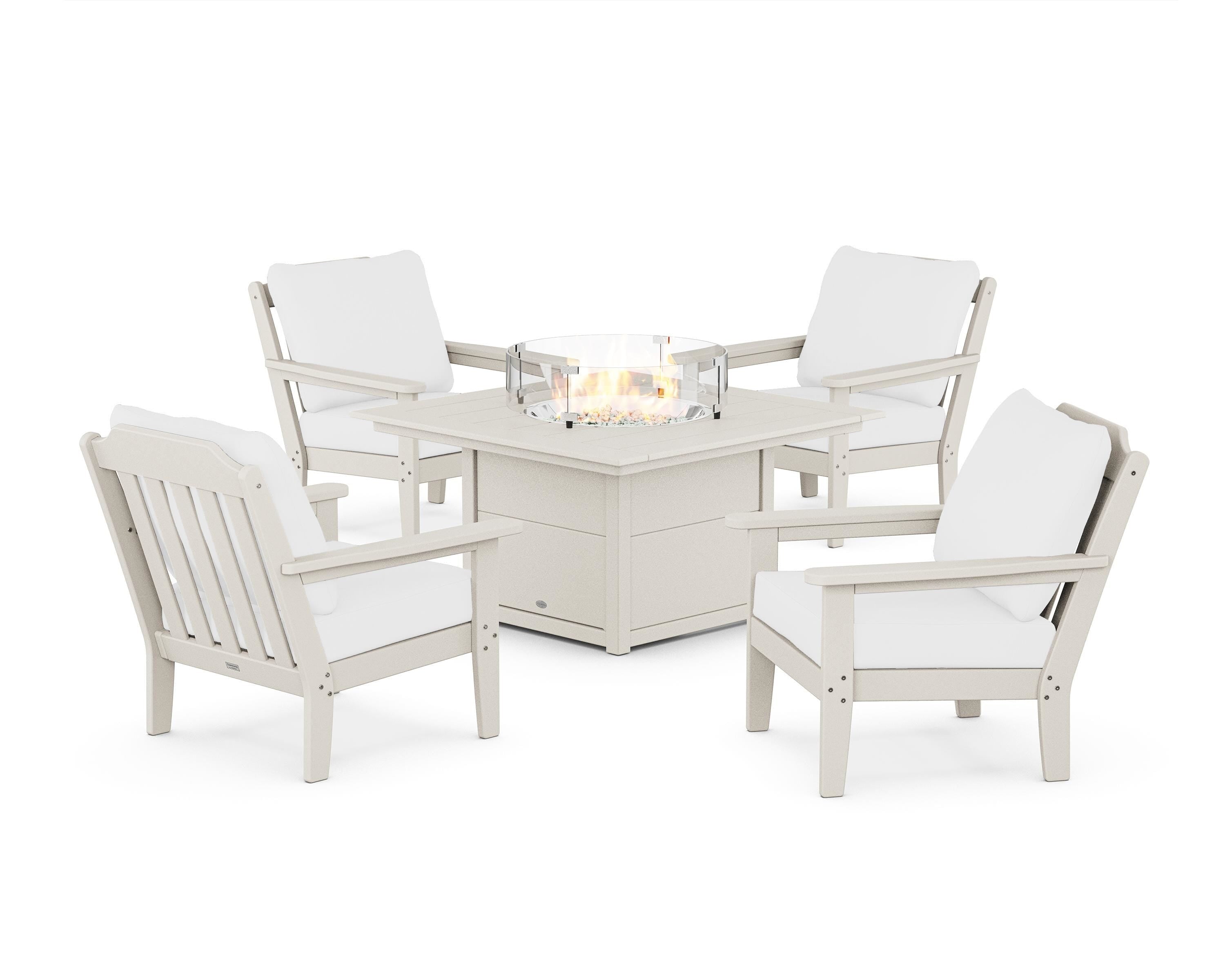 Country Living Cottage 5-Piece Deep Seating Set with Fire Pit Table in Sand / Natural
