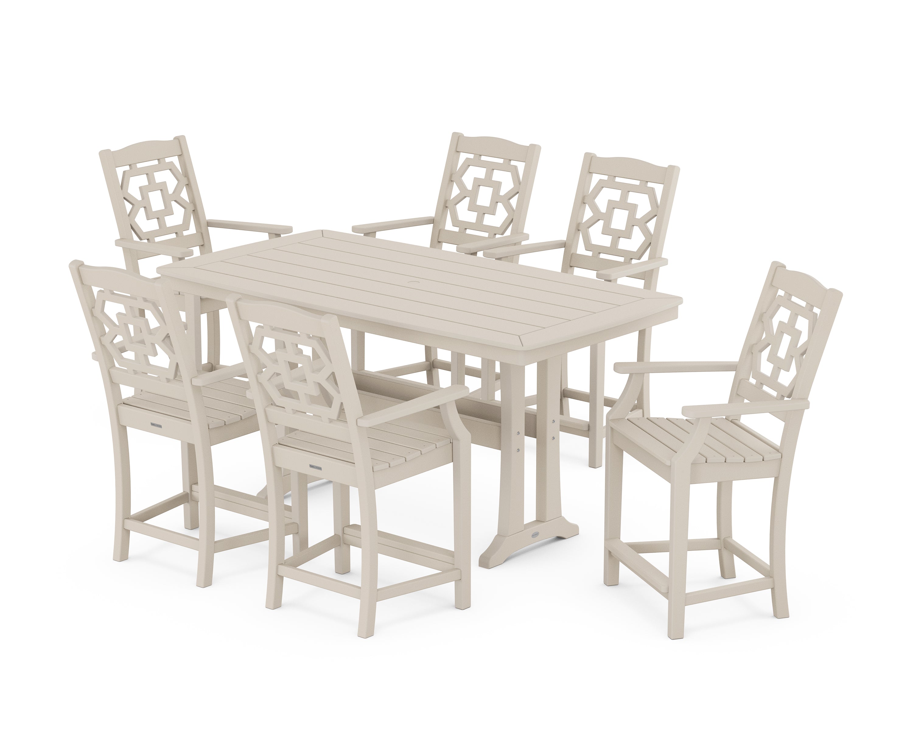 Martha Stewart by POLYWOOD® Chinoiserie Arm Chair 7-Piece Counter Set with Trestle Legs in Sand