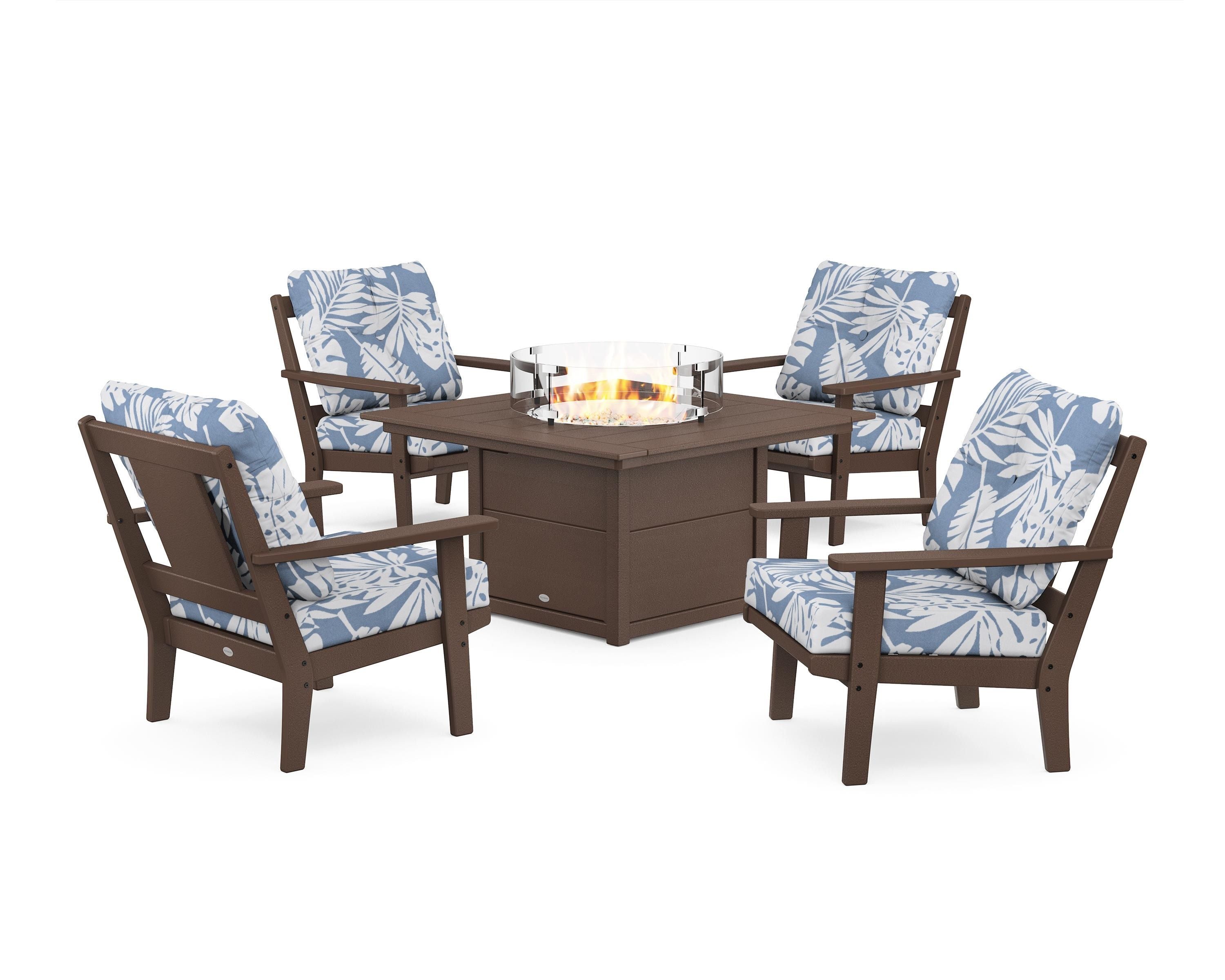 POLYWOOD Prairie 5-Piece Deep Seating Set with Fire Pit Table in Mahogany / Leaf Sky Blue