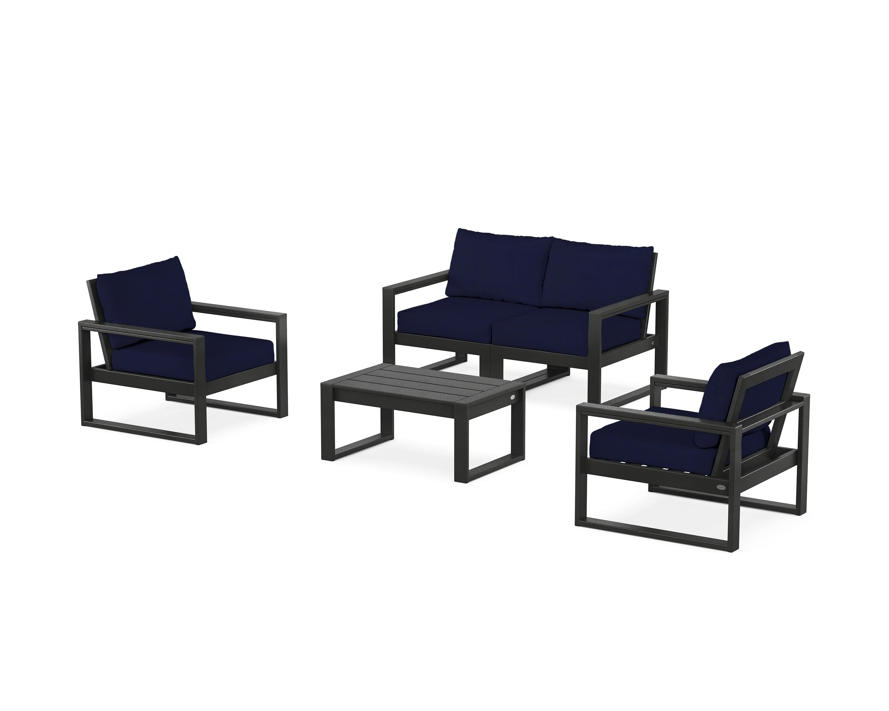 POLYWOOD EDGE Sectional 4-Piece Deep Seating Set with Loveseat in Black / Navy