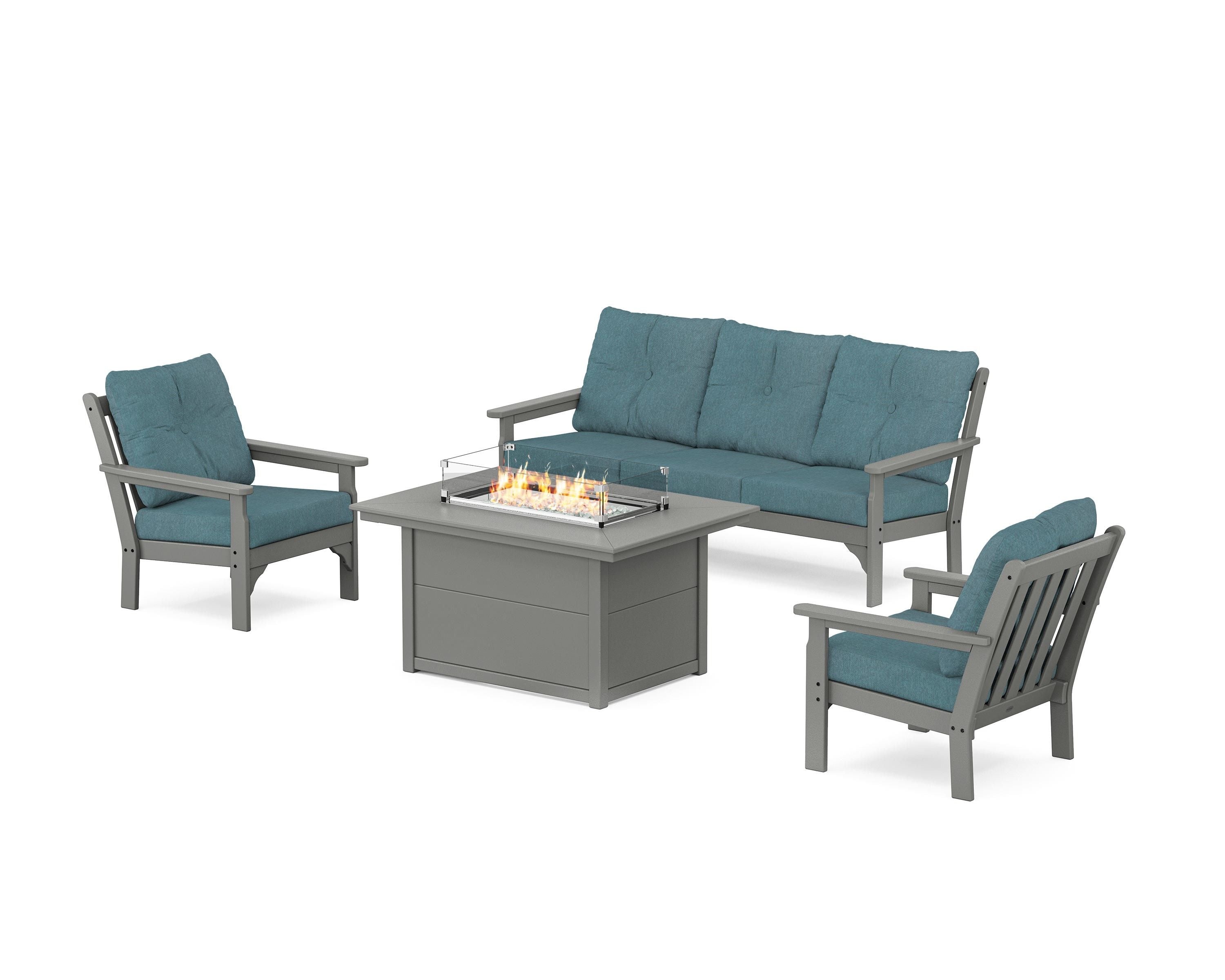 POLYWOOD Vineyard Deep Seating Fire Pit Table Set in Slate Grey / Ocean Teal