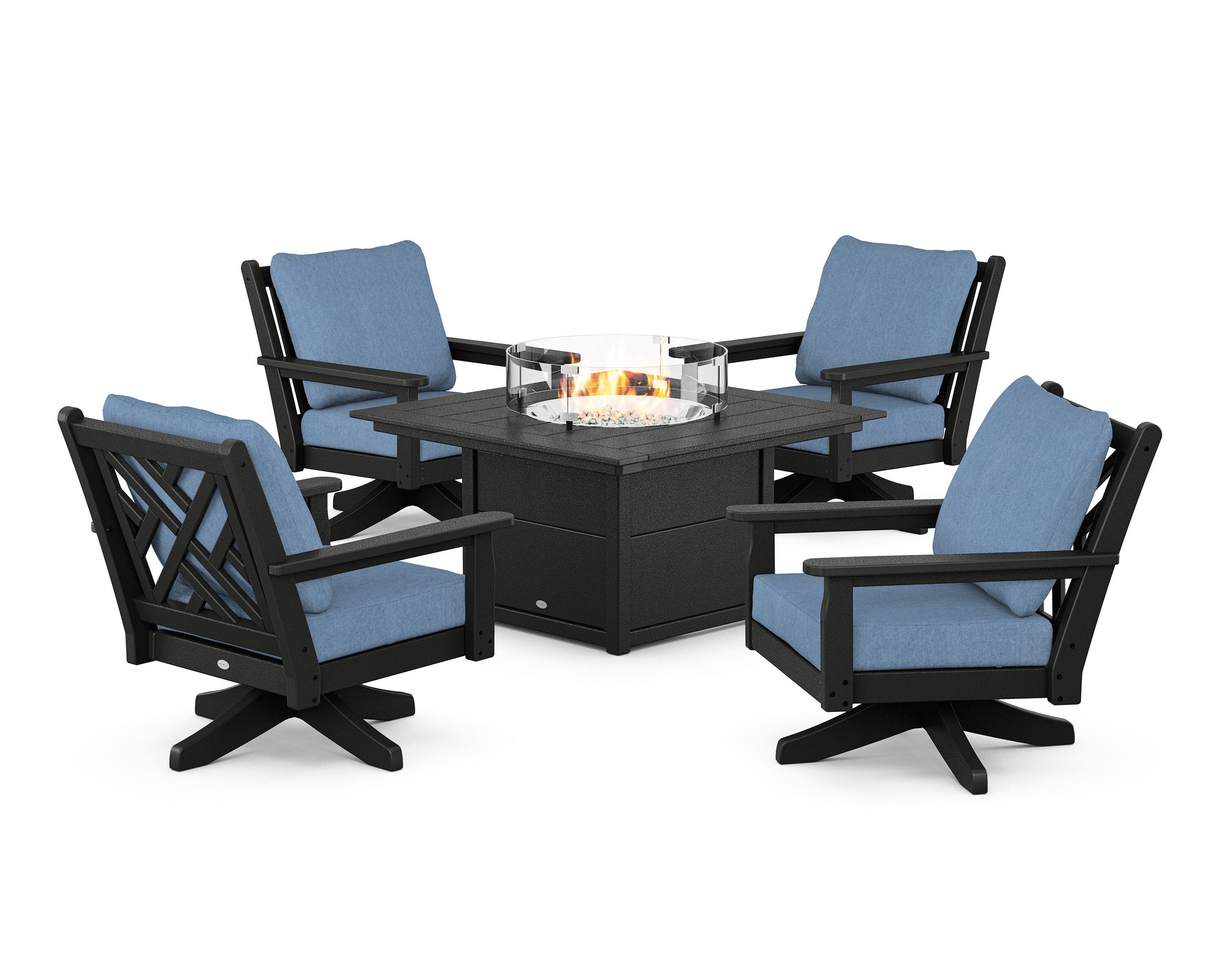 POLYWOOD Chippendale 5-Piece Deep Seating Swivel Conversation Set with Fire Pit Table in Black / Sky Blue