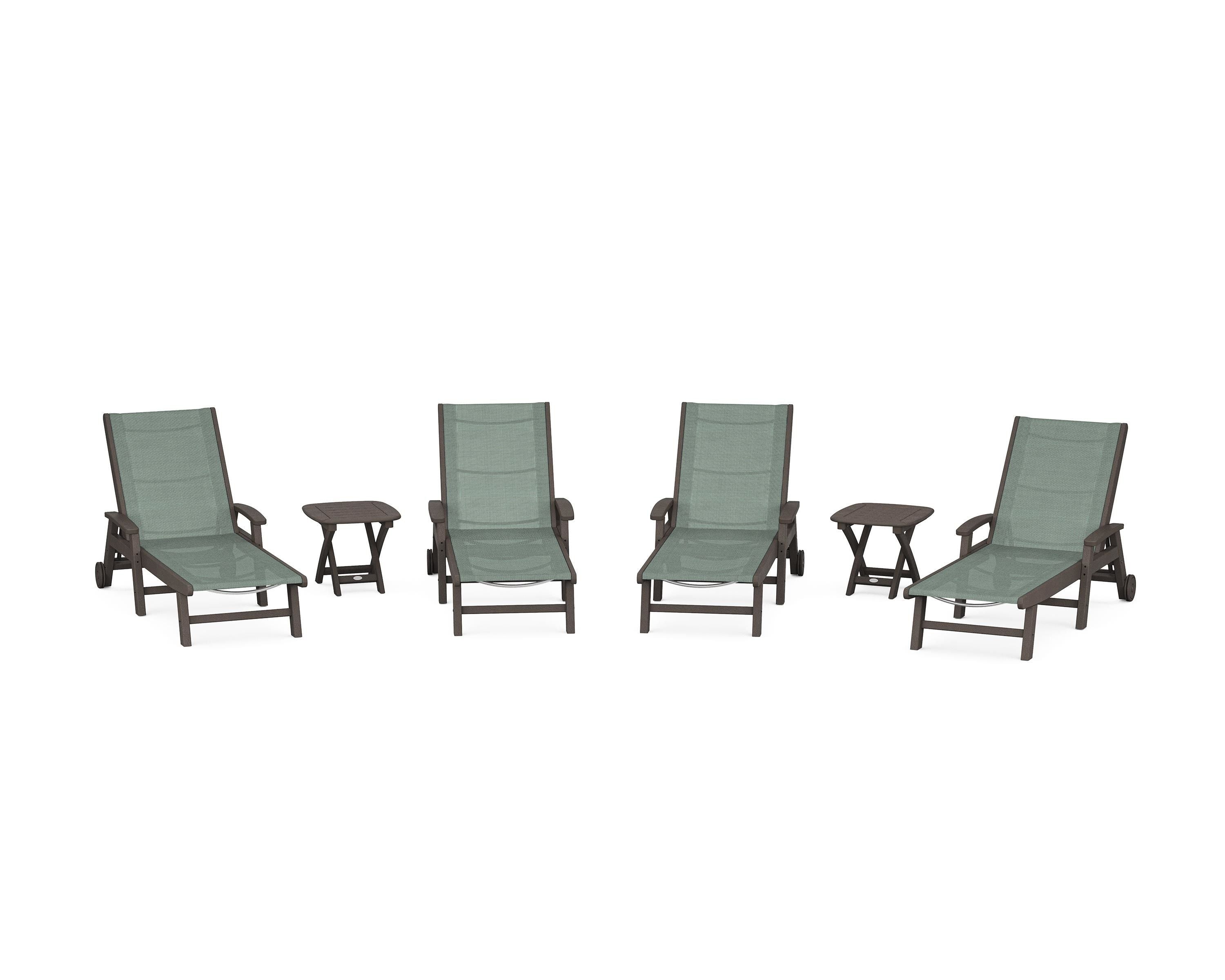 POLYWOOD Coastal Chaise 6-Piece Set with Wheels in Vintage Coffee / Dupioni Sea Mist Sling