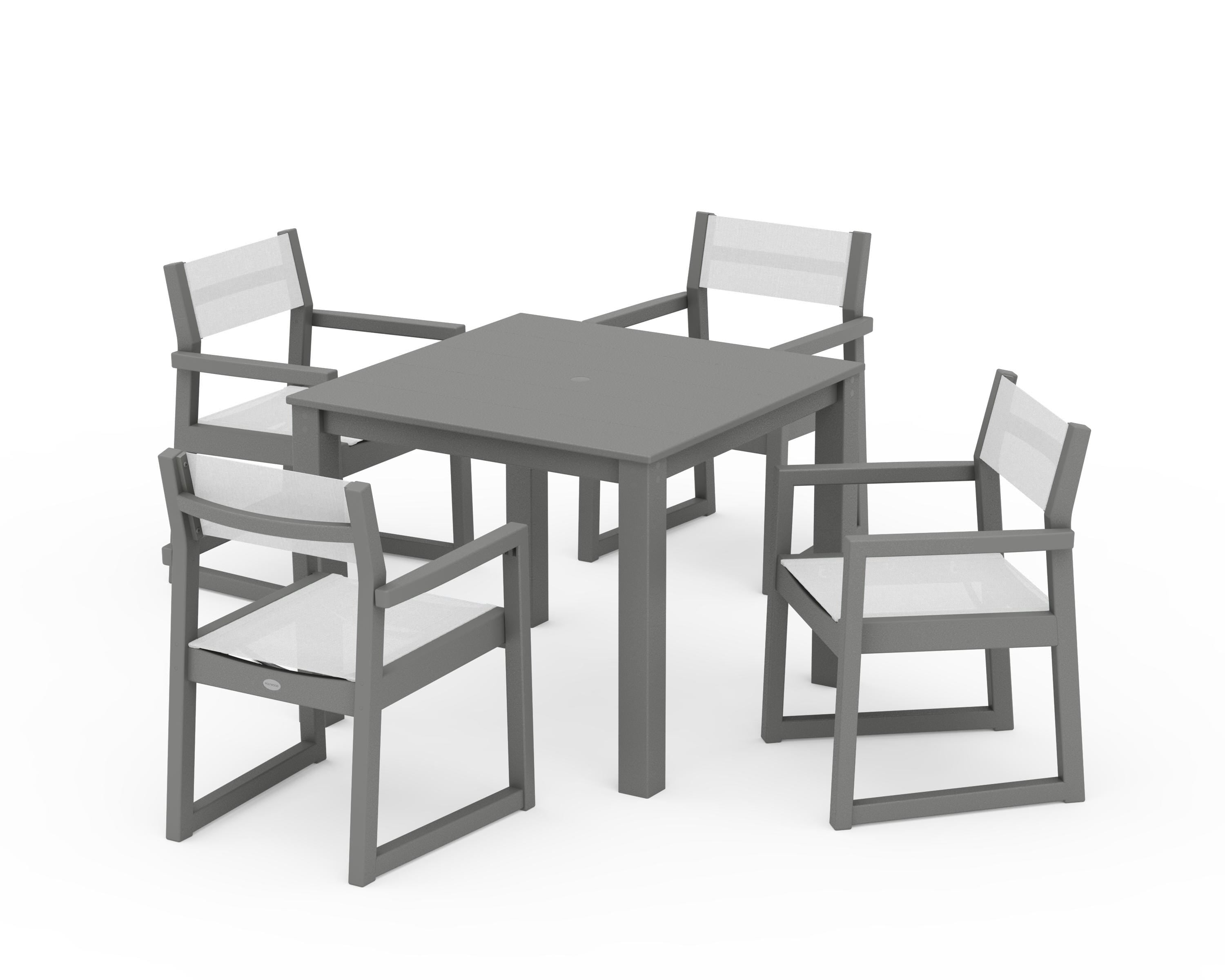 POLYWOOD EDGE Sling Arm Chair 5-Piece Parsons Dining Set in Slate Grey / White Sling