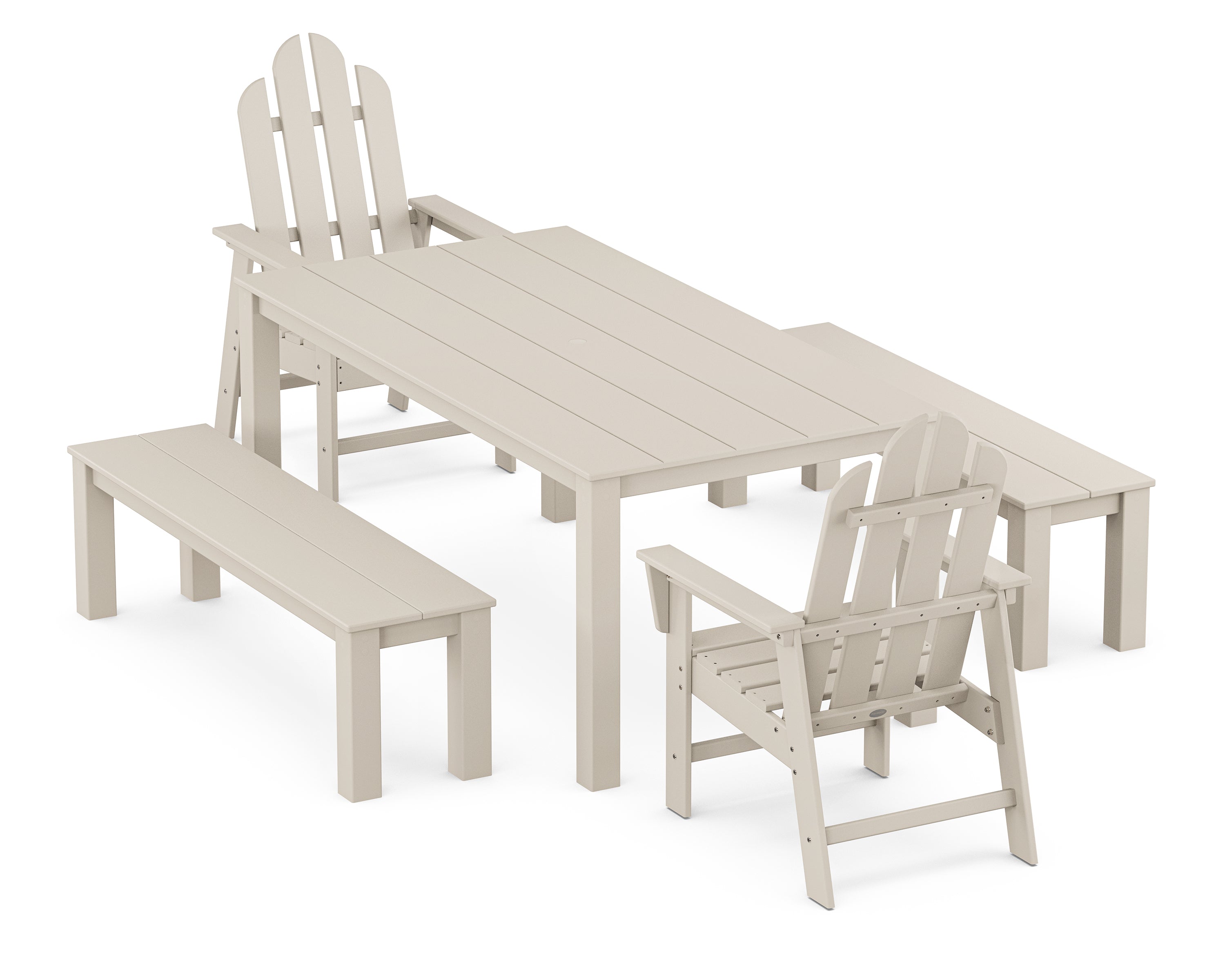 POLYWOOD Long Island 5-Piece Parsons Dining Set with Benches in Sand