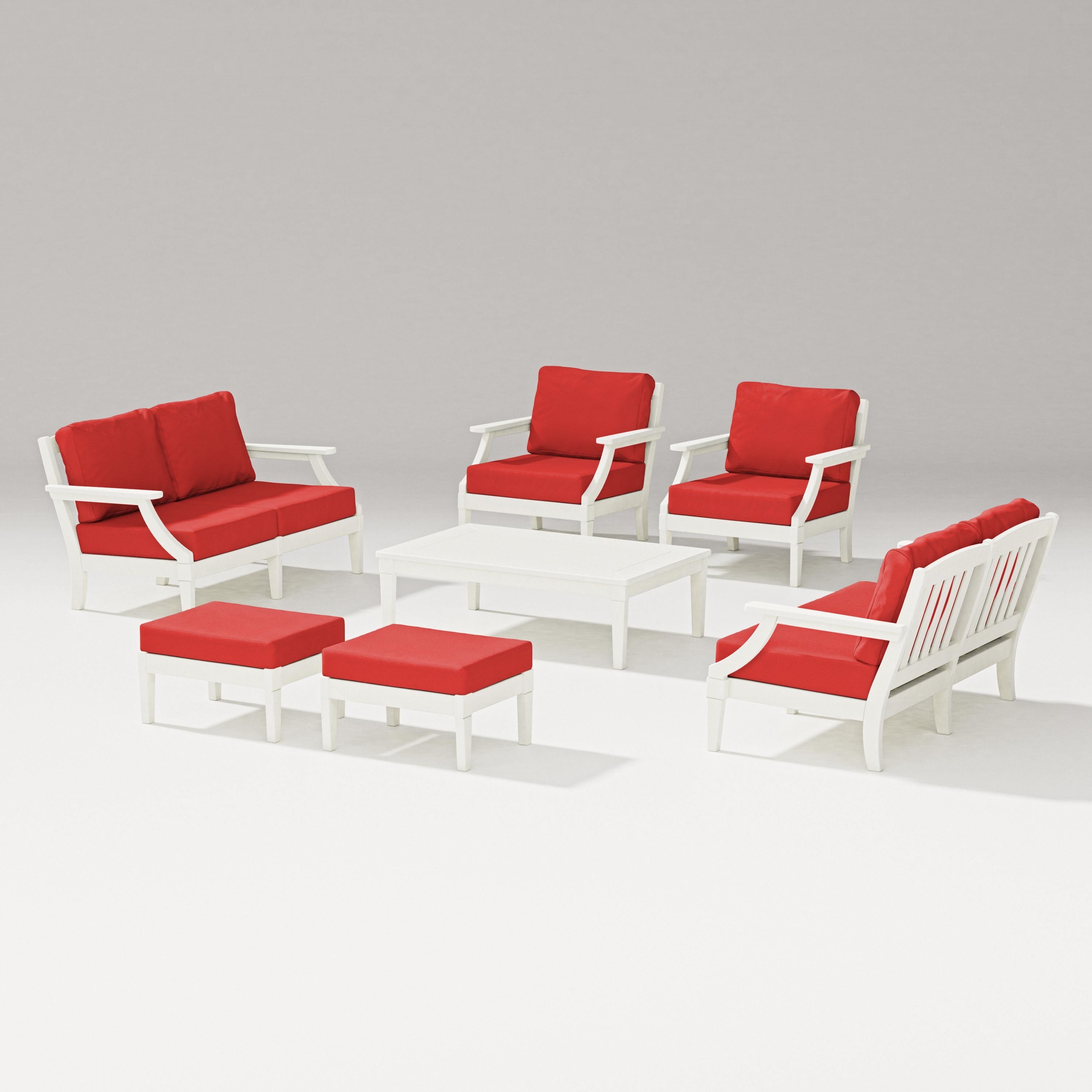PW Designer Series Estate 7-Piece Lounge Loveseat Set in Vintage White / Crimson Linen