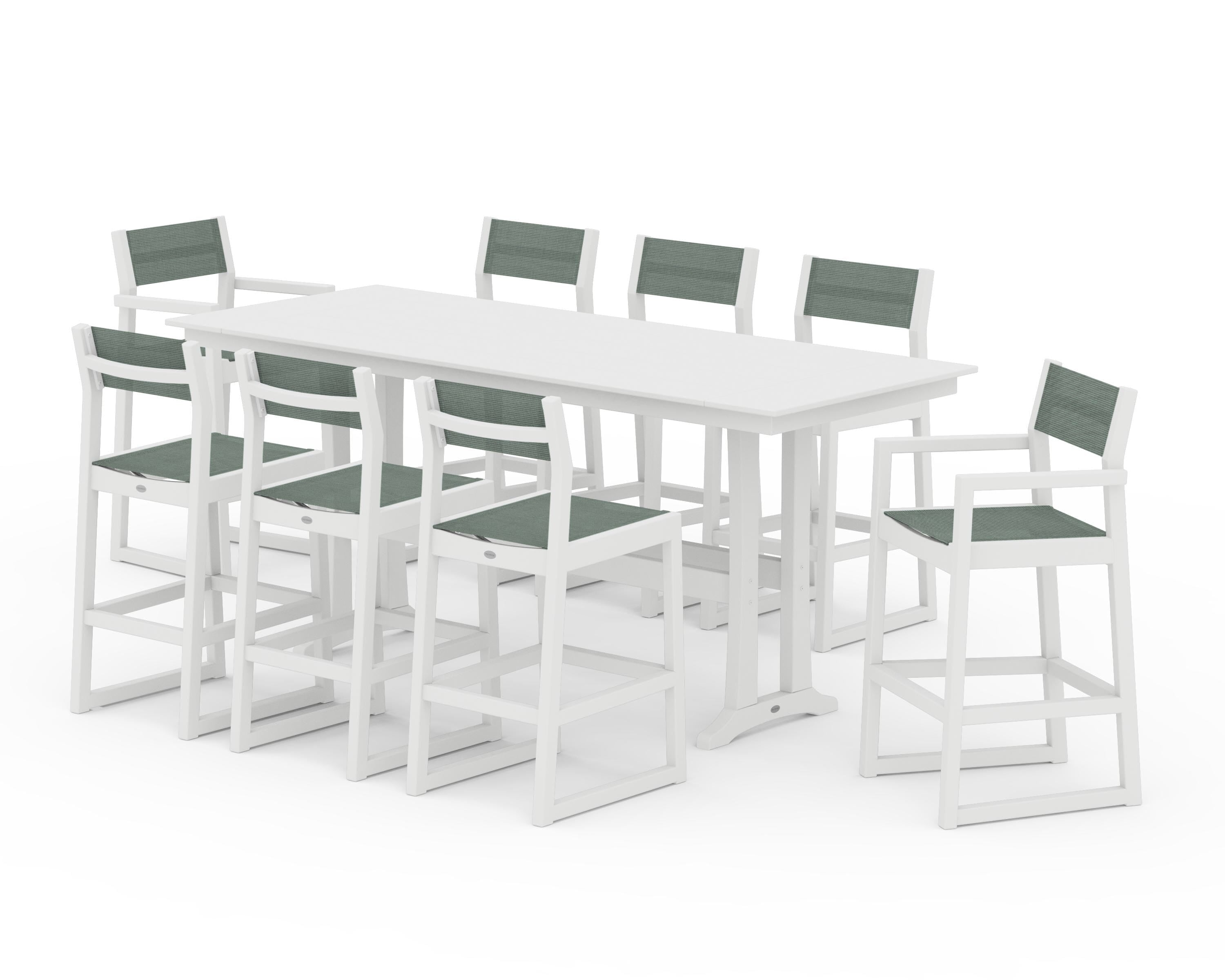 POLYWOOD EDGE Sling 9-Piece Farmhouse Bar Set with Trestle Legs in White / Dupioni Sea Mist Sling