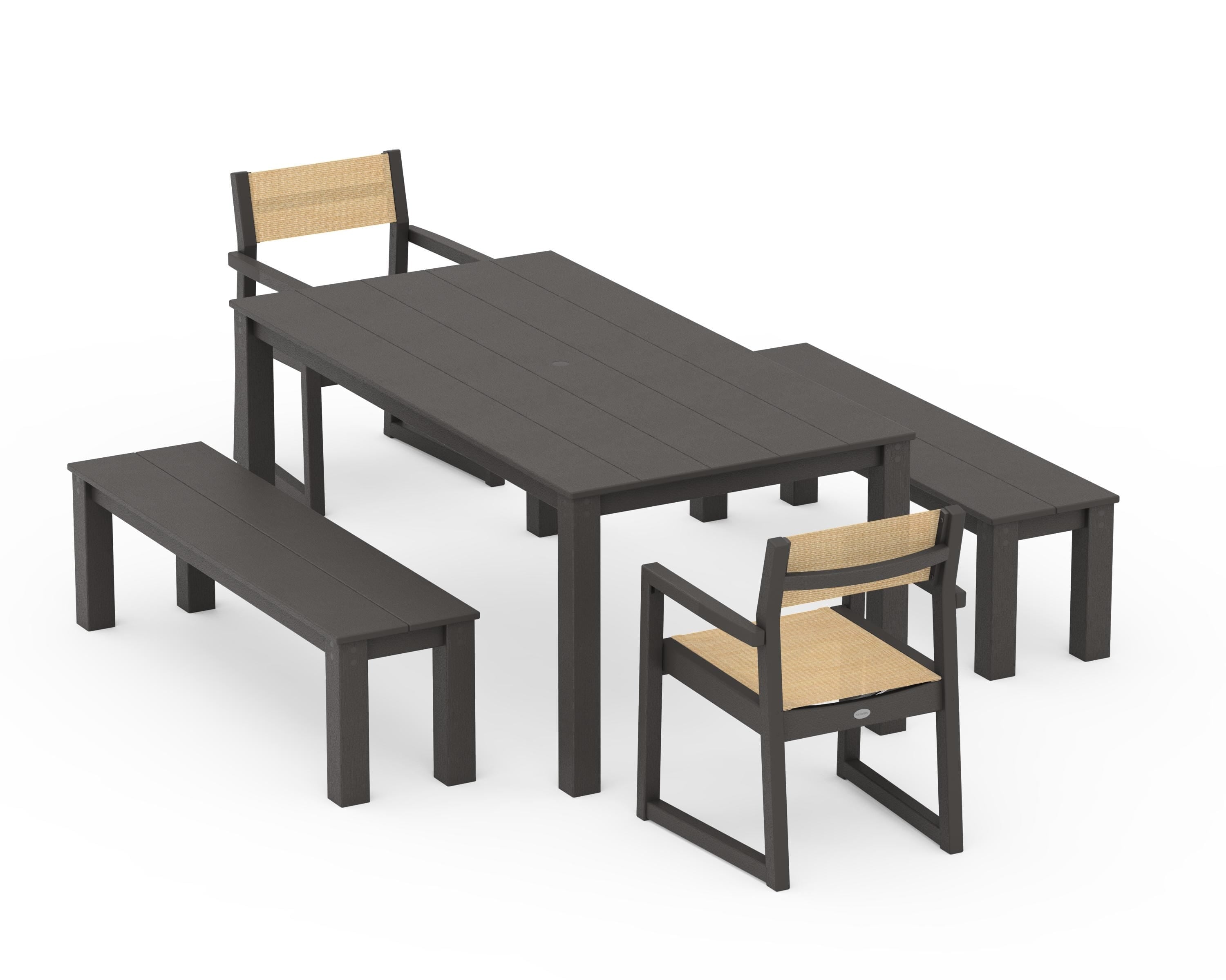 POLYWOOD EDGE Sling Arm Chair 5-Piece Parsons Dining Set with Benches in Vintage Coffee / Dupioni Apricot Sling