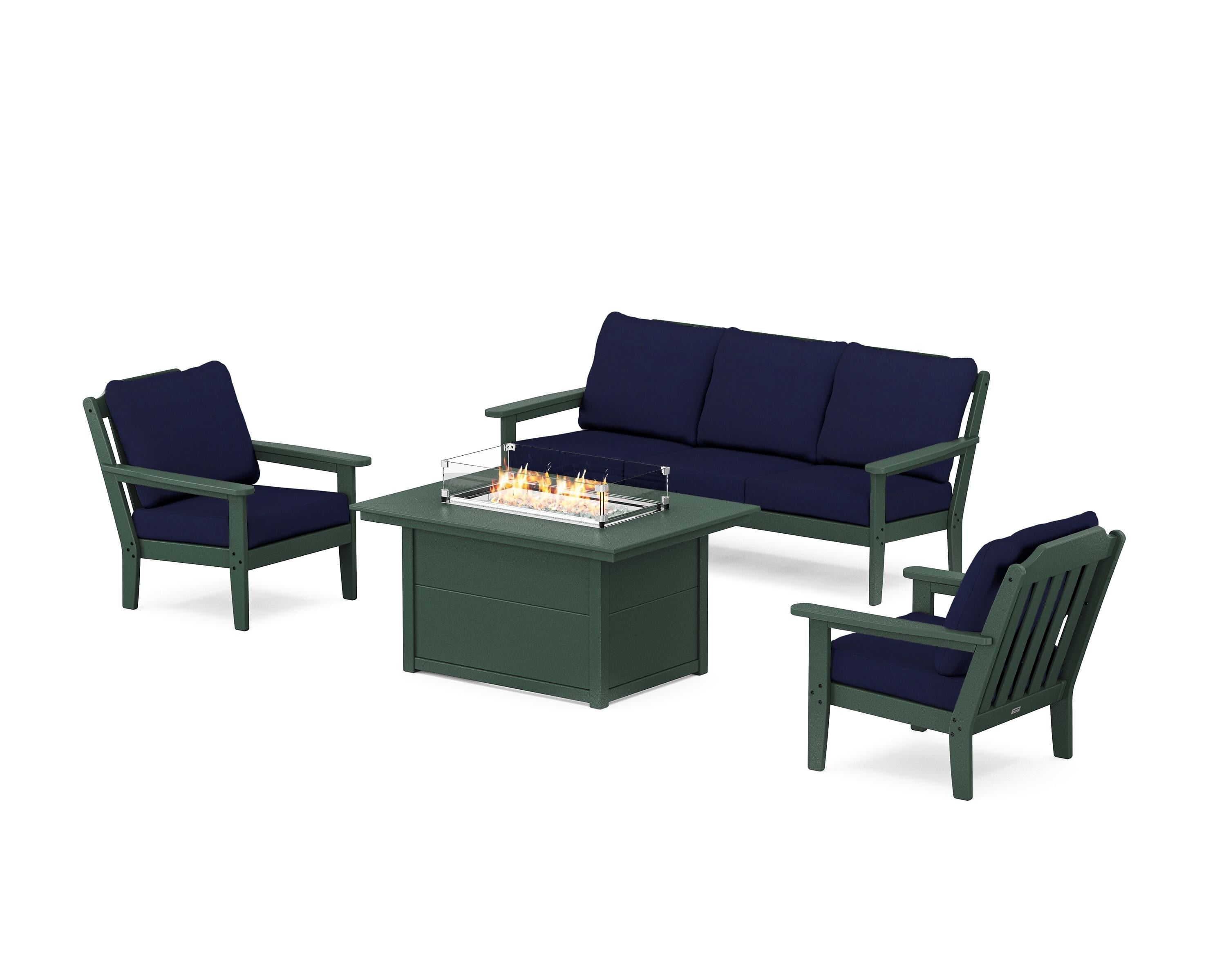 Country Living Cottage Deep Seating Fire Pit Table Set in Green / Navy