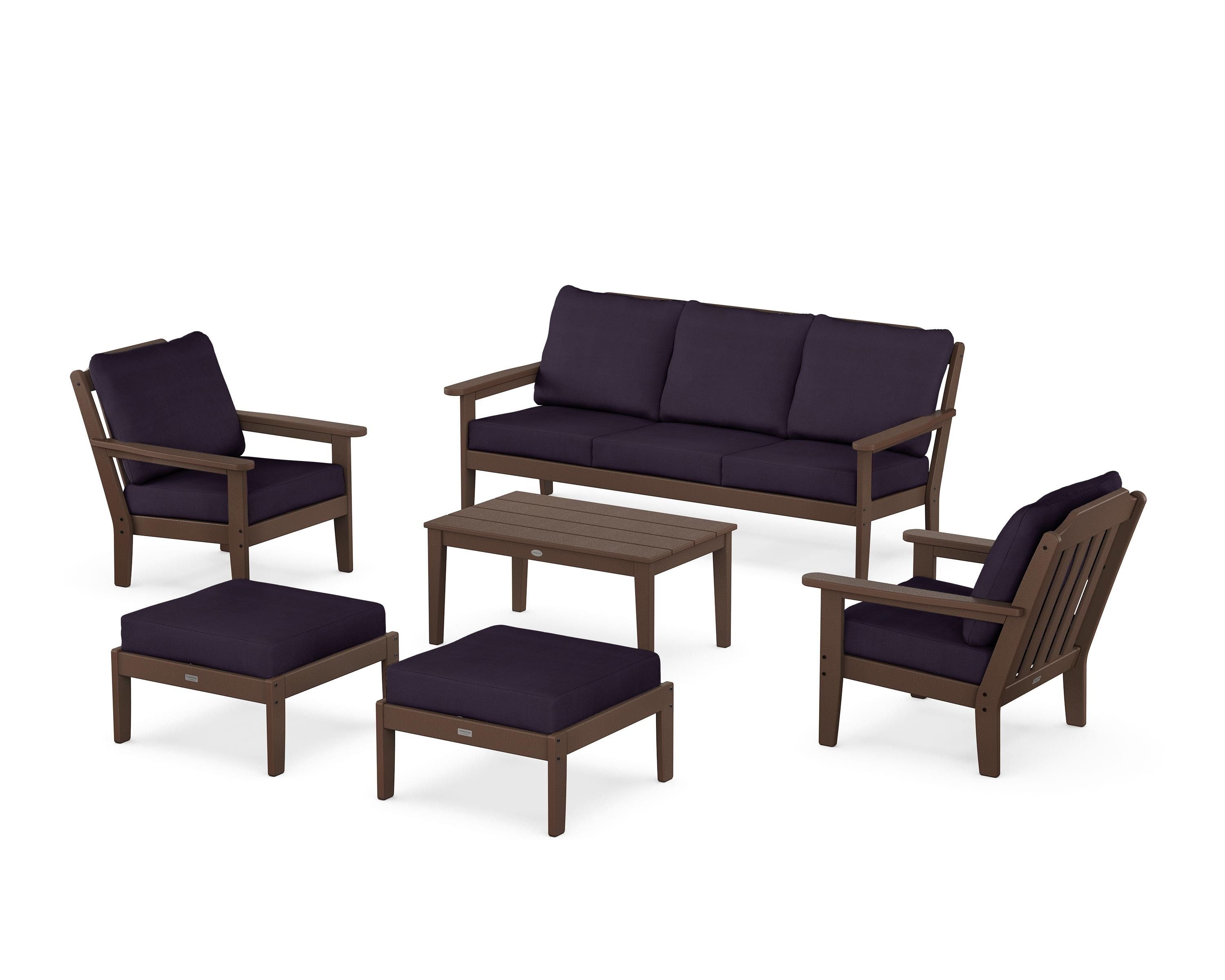 Country Living Cottage 6-Piece Lounge Sofa Set in Mahogany / Navy Linen