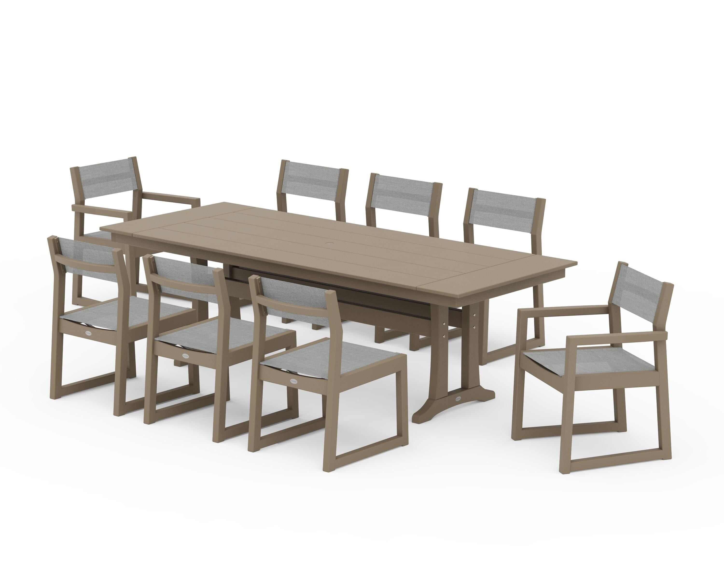 POLYWOOD EDGE Sling 9-Piece Farmhouse Trestle Dining Set in Vintage Sahara / Metallic Sling