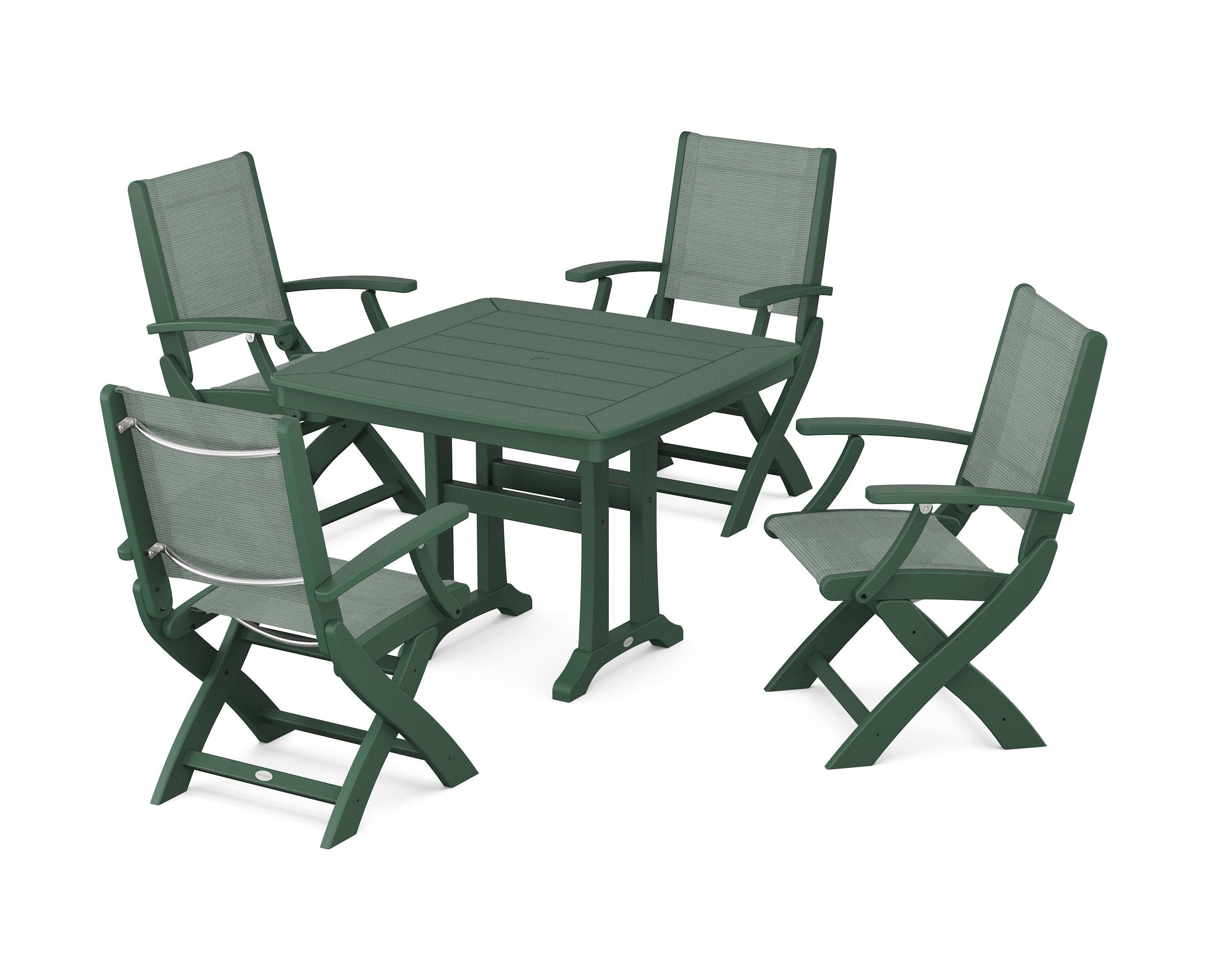 POLYWOOD Coastal Folding Chair 5-Piece Dining Set with Trestle Legs in Green / Dupioni Sea Mist Sling
