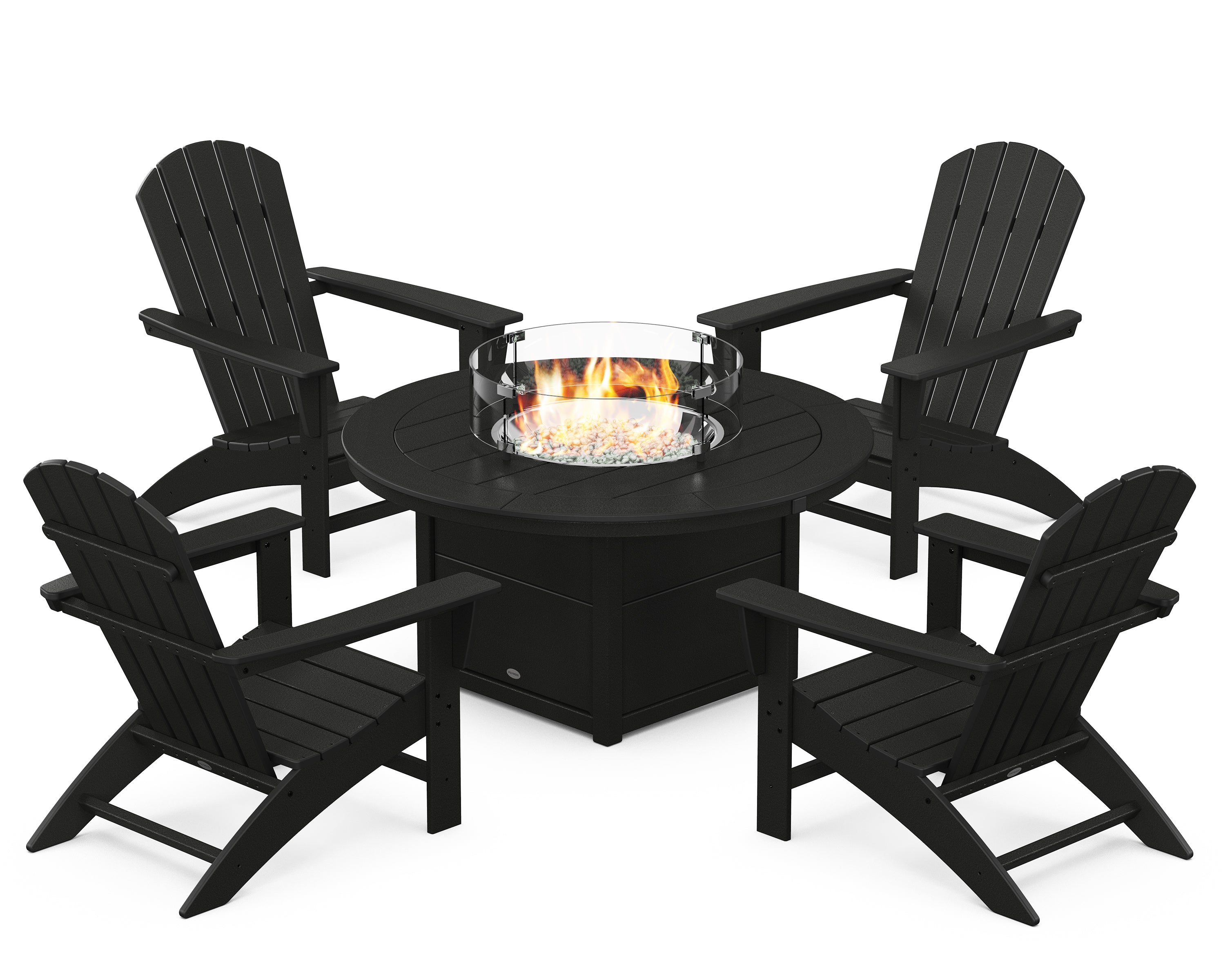 POLYWOOD Nautical 5-Piece Adirondack Chair Conversation Set with Fire Pit Table in Black