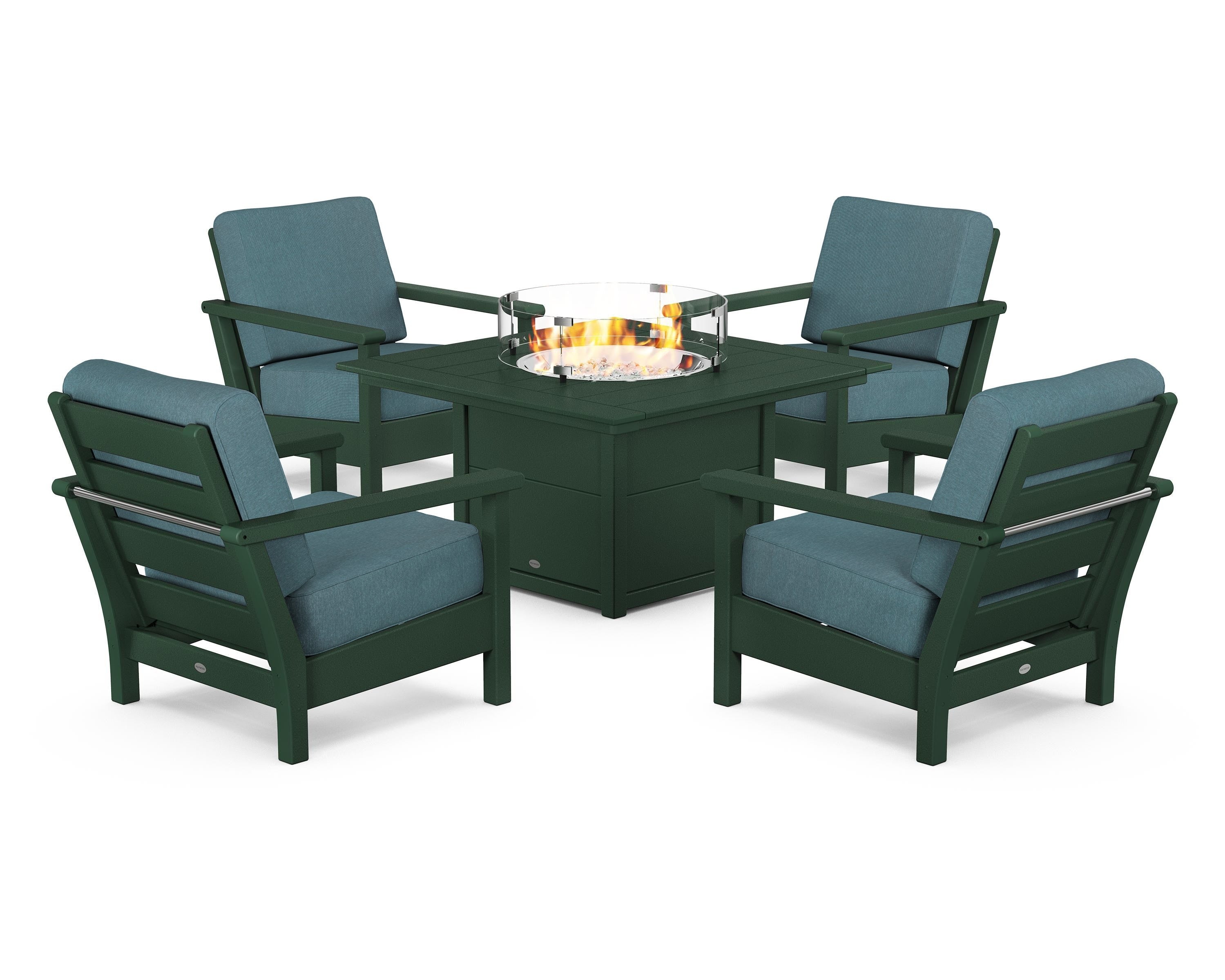 POLYWOOD Harbour 5-Piece Conversation Set with Fire Pit Table in Green / Ocean Teal