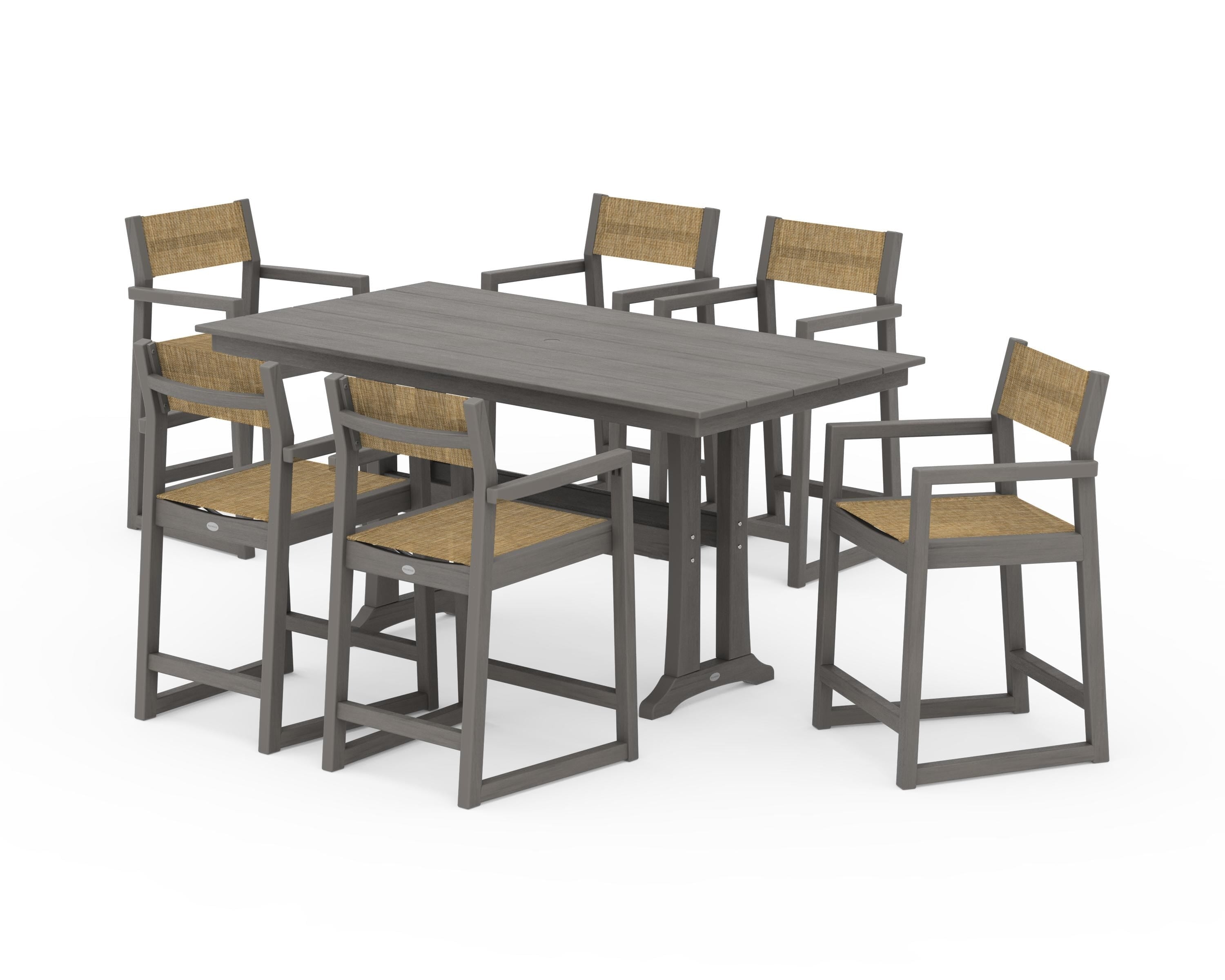 POLYWOOD EDGE Sling Arm Chair 7-Piece Farmhouse Counter Set with Trestle Legs in Driftwood / Burlap Sling