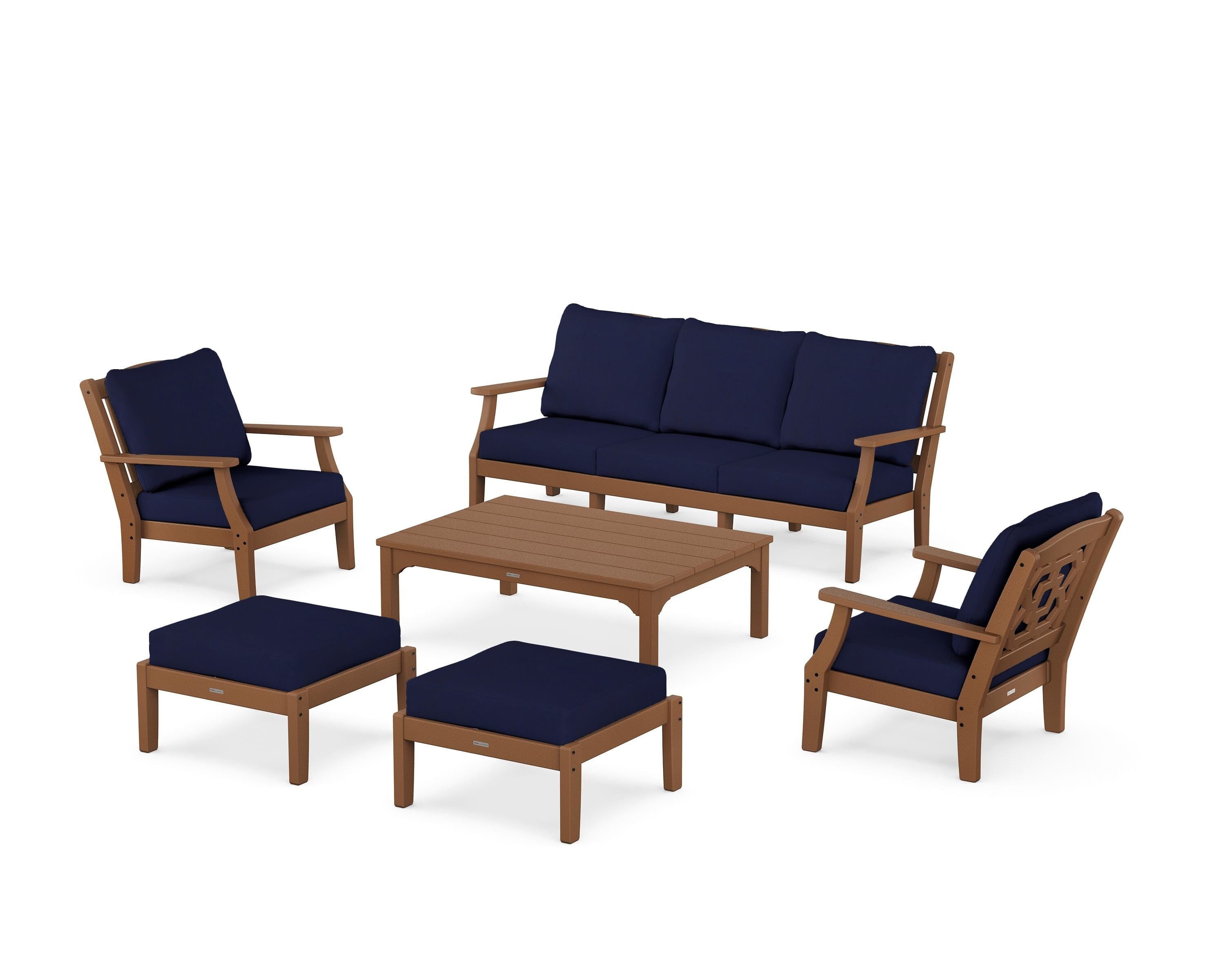 Martha Stewart by POLYWOOD Chinoiserie 6-Piece Lounge Sofa Set in Teak / Navy