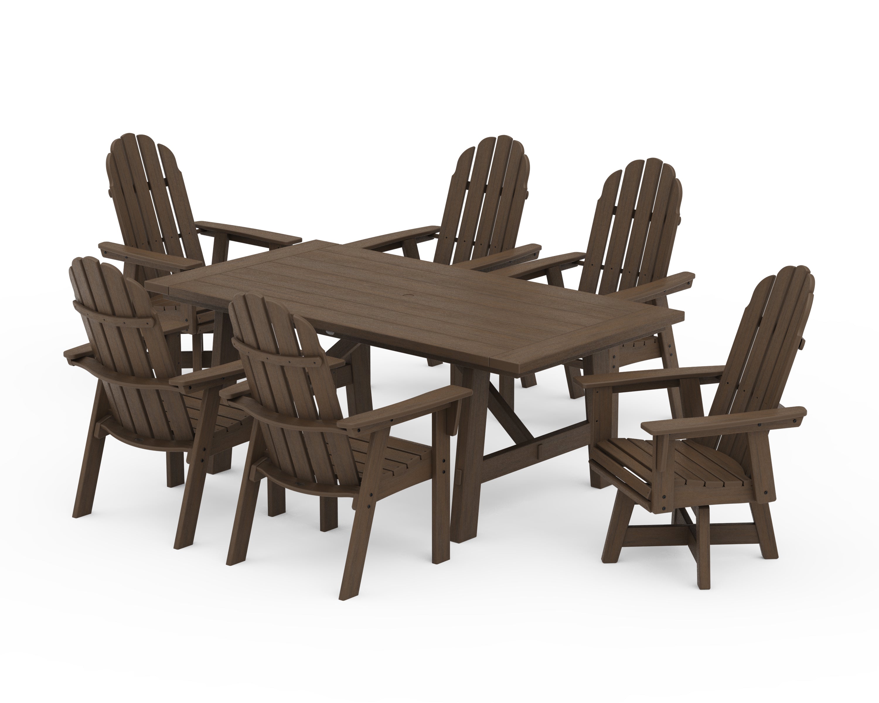 POLYWOOD Vineyard Curveback Adirondack Swivel Chair 7-Piece Rustic Farmhouse Dining Set in Kona