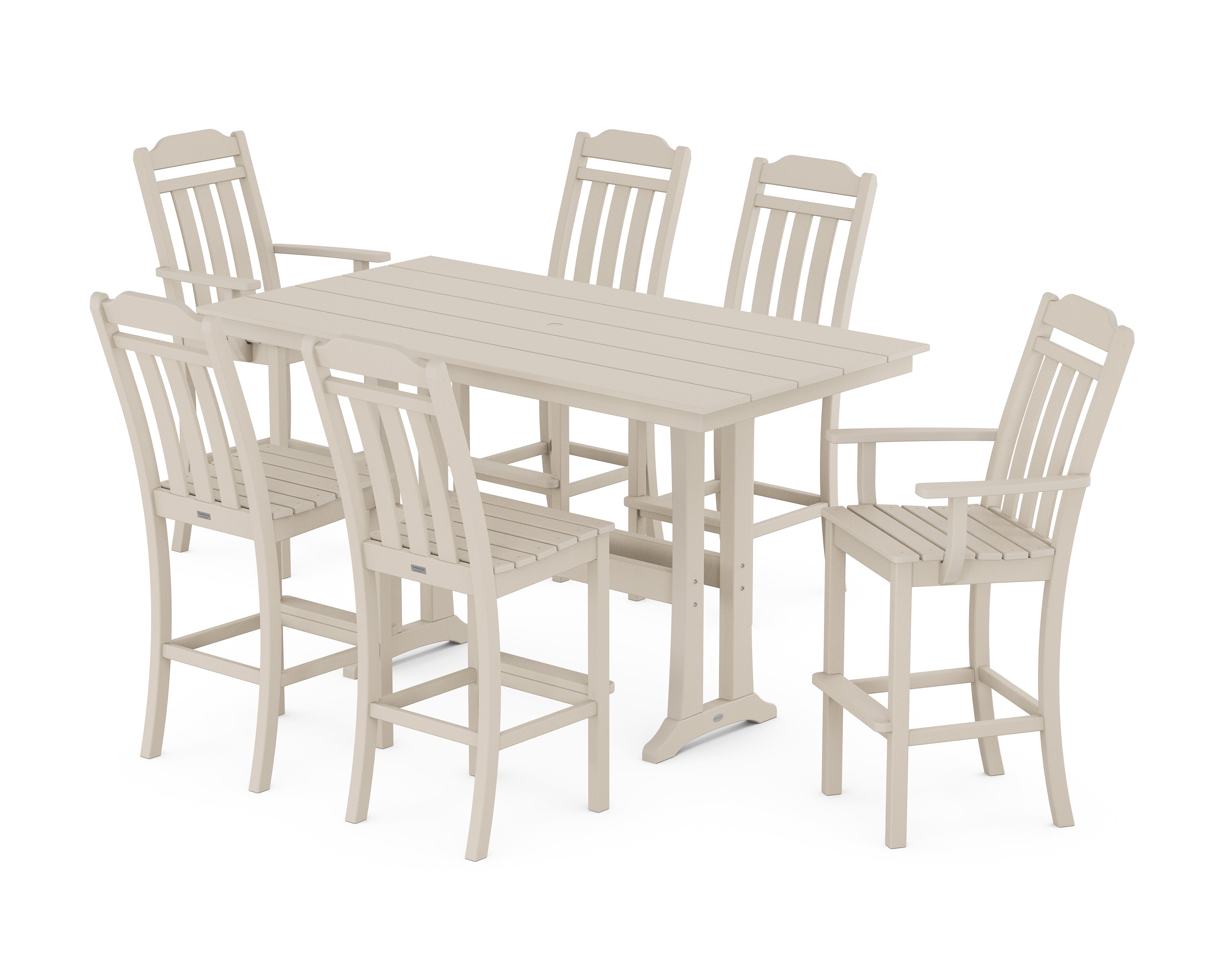 POLYWOOD Country Living 7-Piece Farmhouse Bar Set with Trestle Legs in Sand