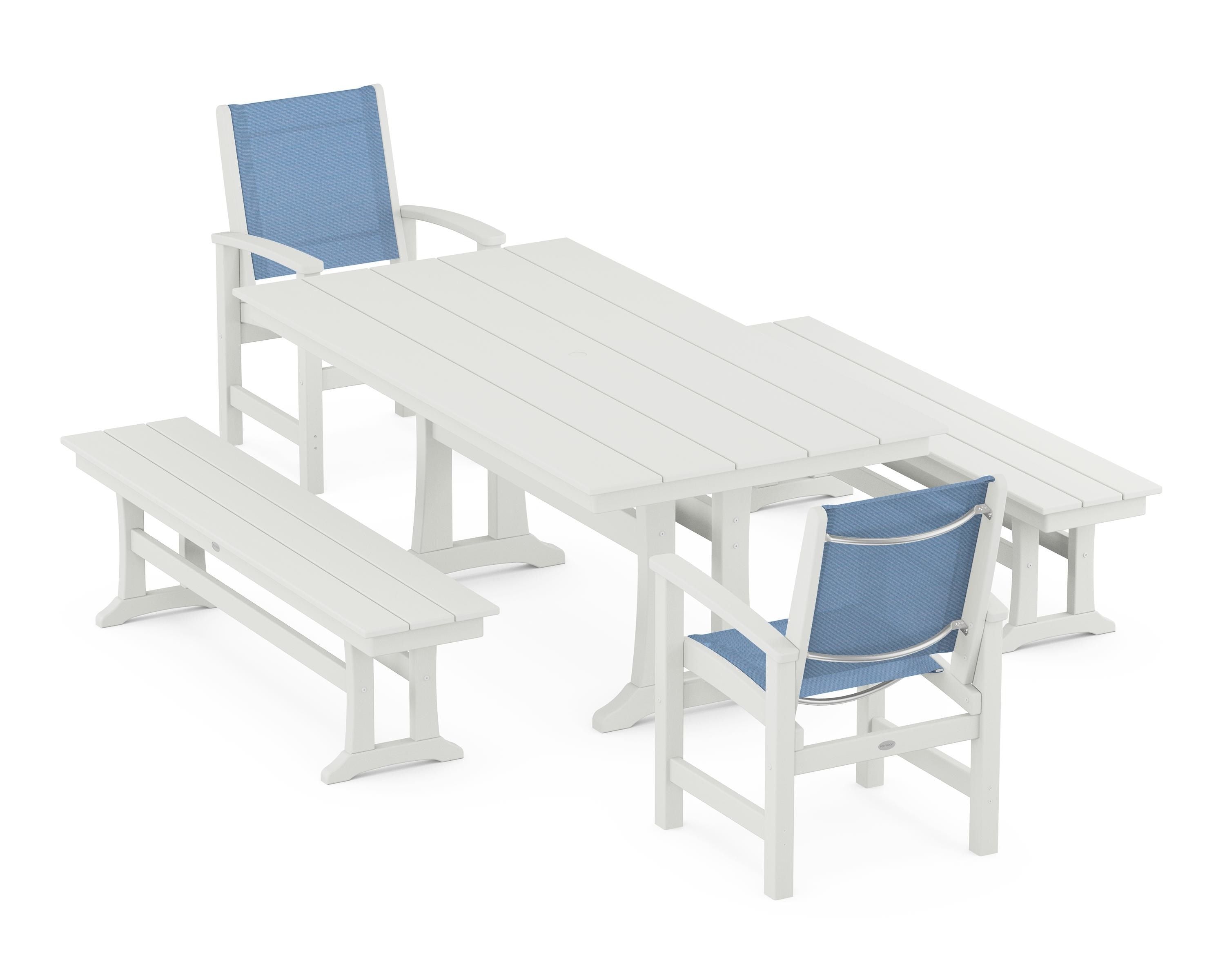 POLYWOOD Coastal 5-Piece Farmhouse Dining Set with Trestle Legs and Benches in Vintage White / Poolside Sling