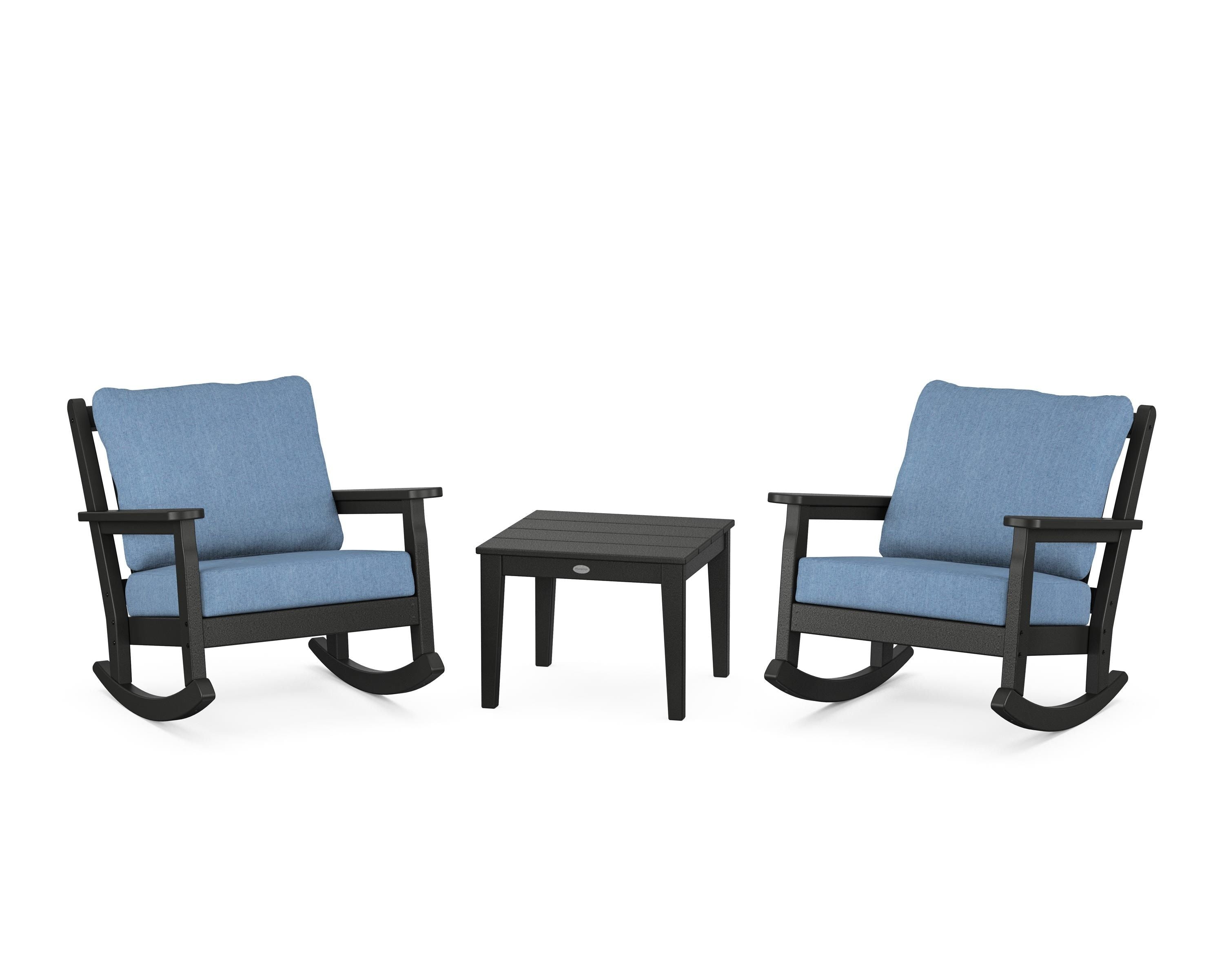 POLYWOOD Chippendale 3-Piece Deep Seating Rocker Set in Black / Sky Blue