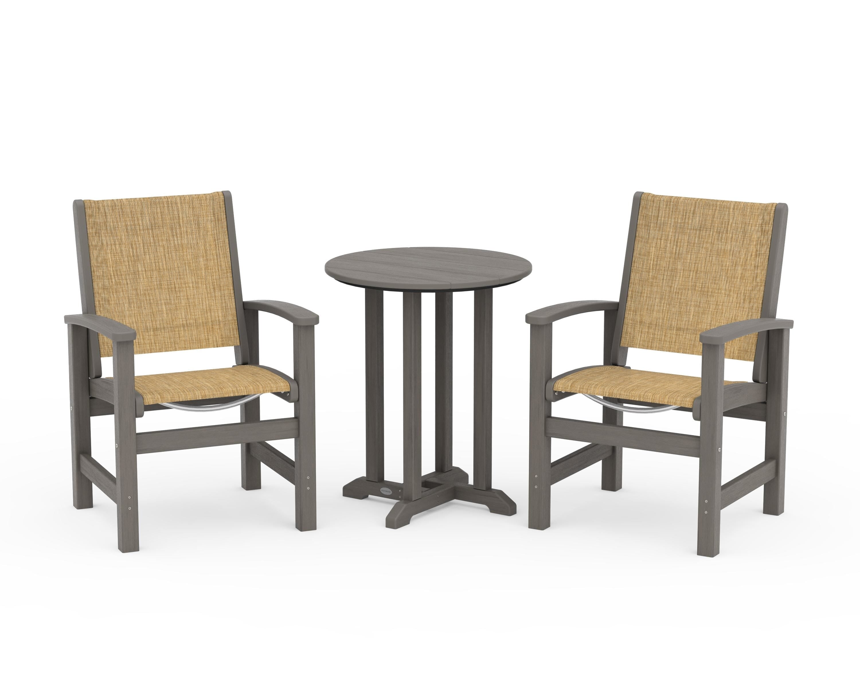 POLYWOOD Coastal 3-Piece Round Bistro Dining Set in Driftwood / Burlap Sling