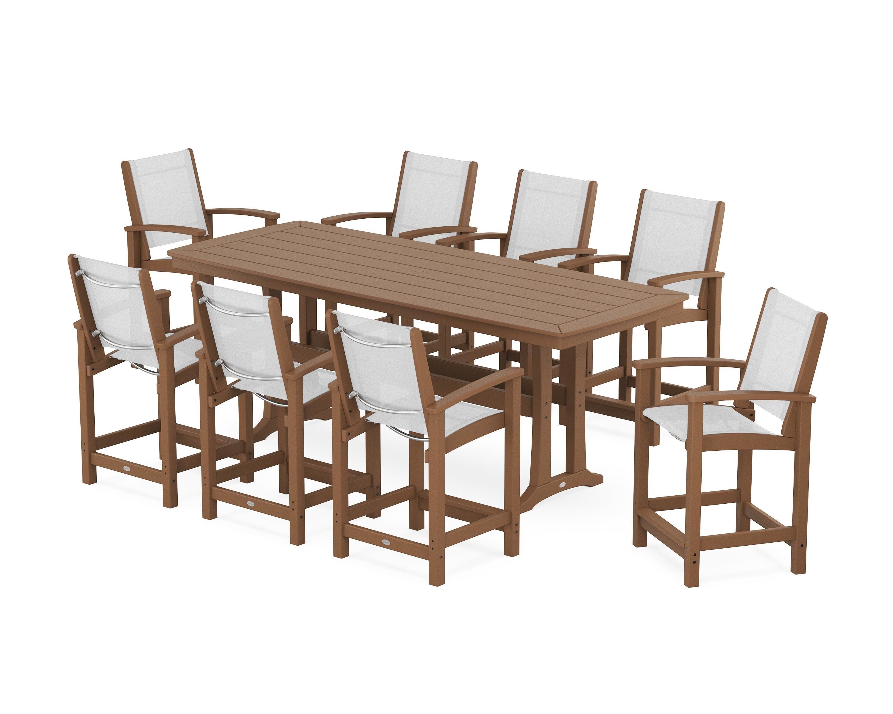 POLYWOOD Coastal 9-Piece Counter Set with Trestle Legs in Teak / White Sling