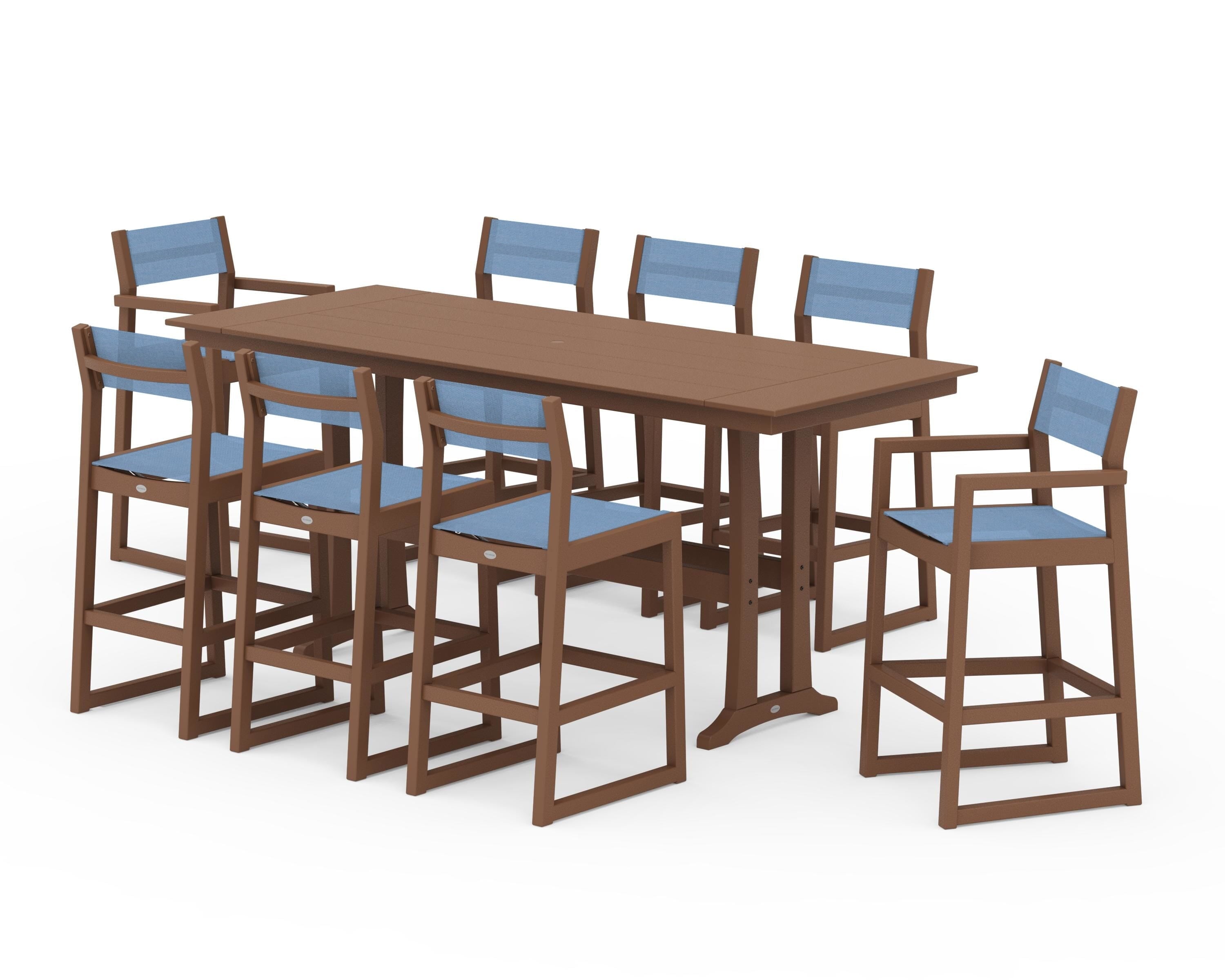 POLYWOOD EDGE Sling 9-Piece Farmhouse Bar Set with Trestle Legs in Teak / Poolside Sling