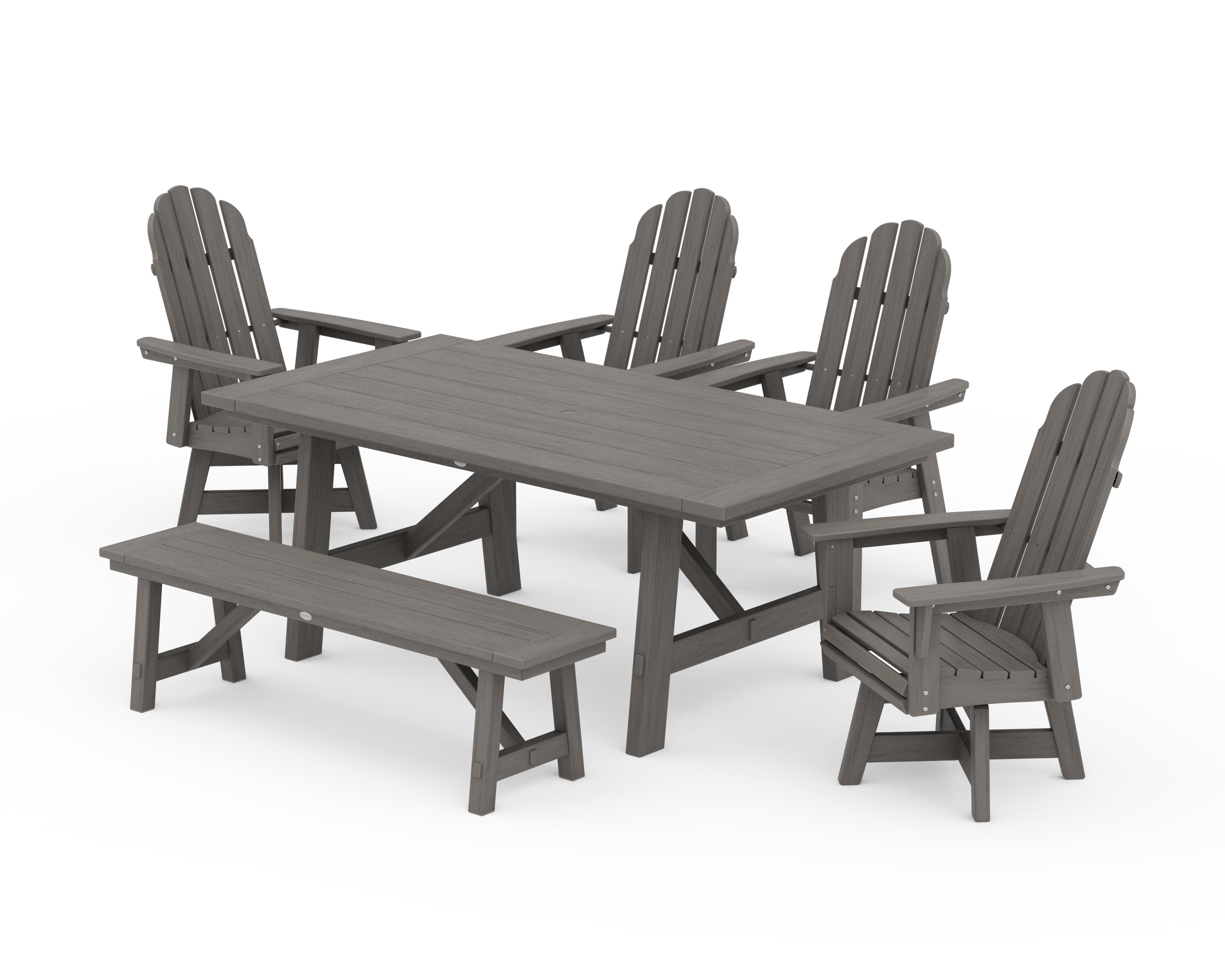 POLYWOOD Vineyard Curveback Adirondack Swivel Chair 6-Piece Rustic Farmhouse Dining Set With Bench in Driftwood