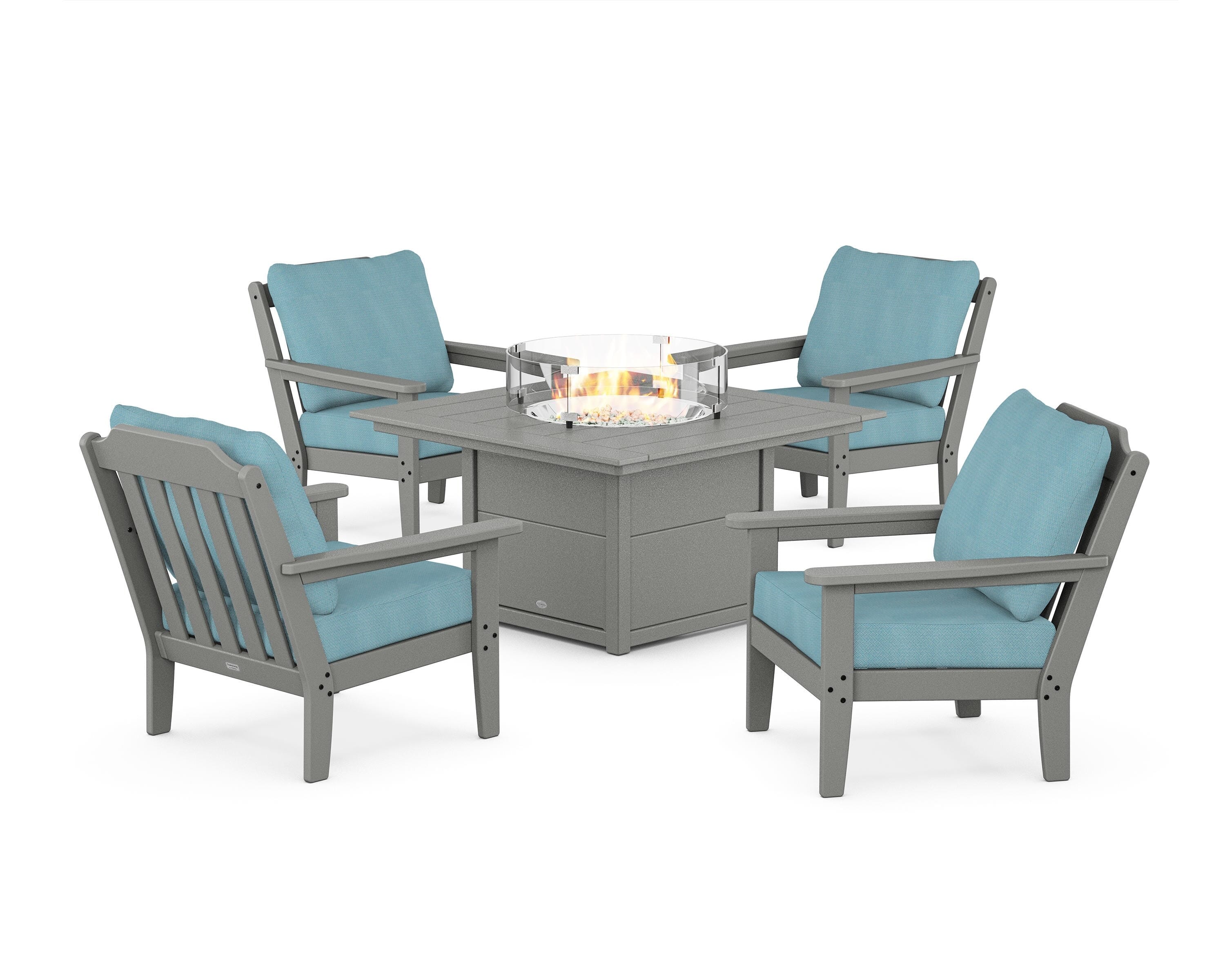 Country Living Cottage 5-Piece Deep Seating Set with Fire Pit Table in Slate Grey / Lattice Sky Blue