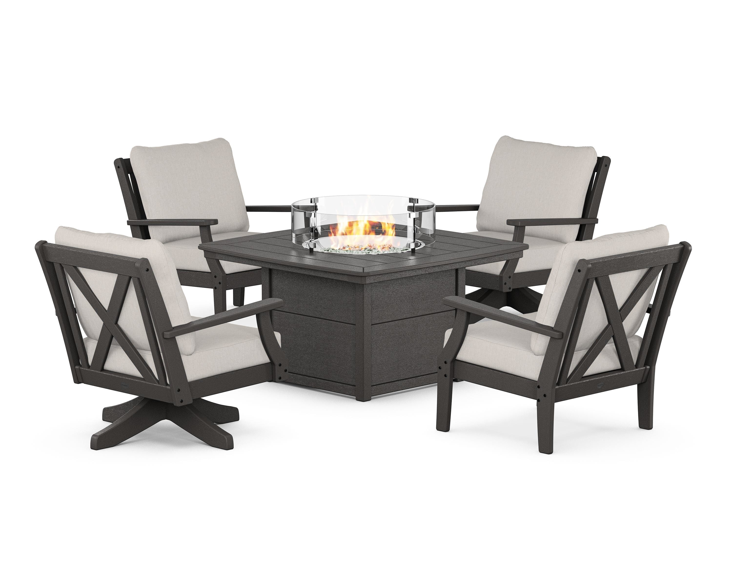POLYWOOD Braxton 5-Piece Deep Seating Set with Fire Table in Vintage Coffee / Cast Ash