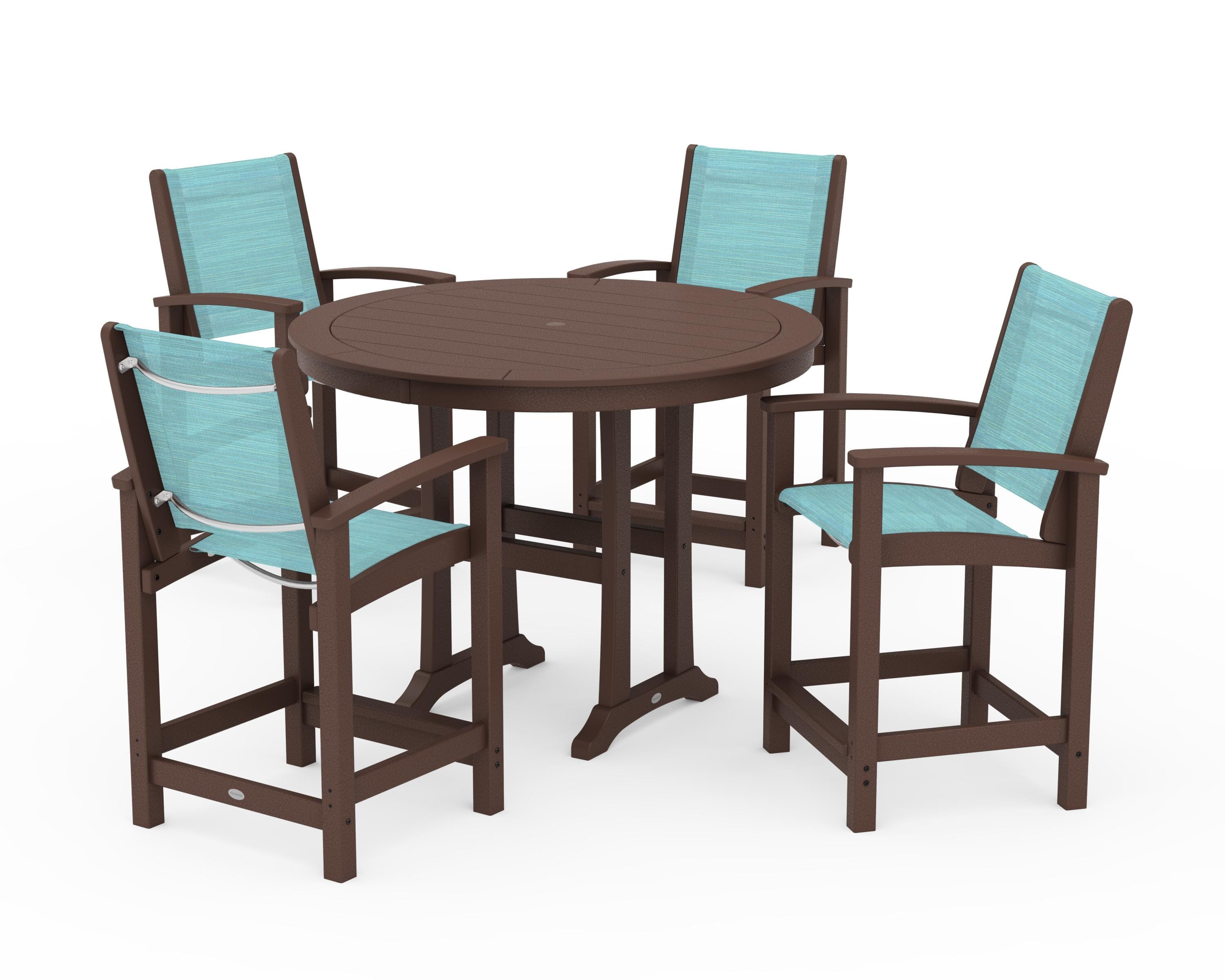 POLYWOOD Coastal 5-Piece Counter Set in Mahogany / Dupioni Aquamarine Sling