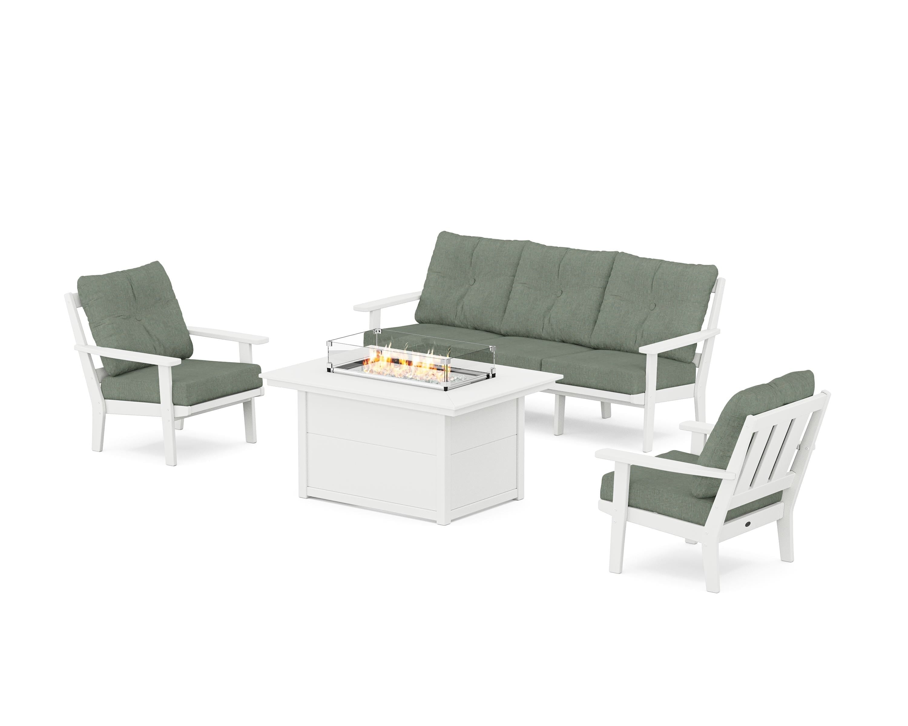 POLYWOOD Oxford Deep Seating Fire Pit Table Set in White / Cast Sage