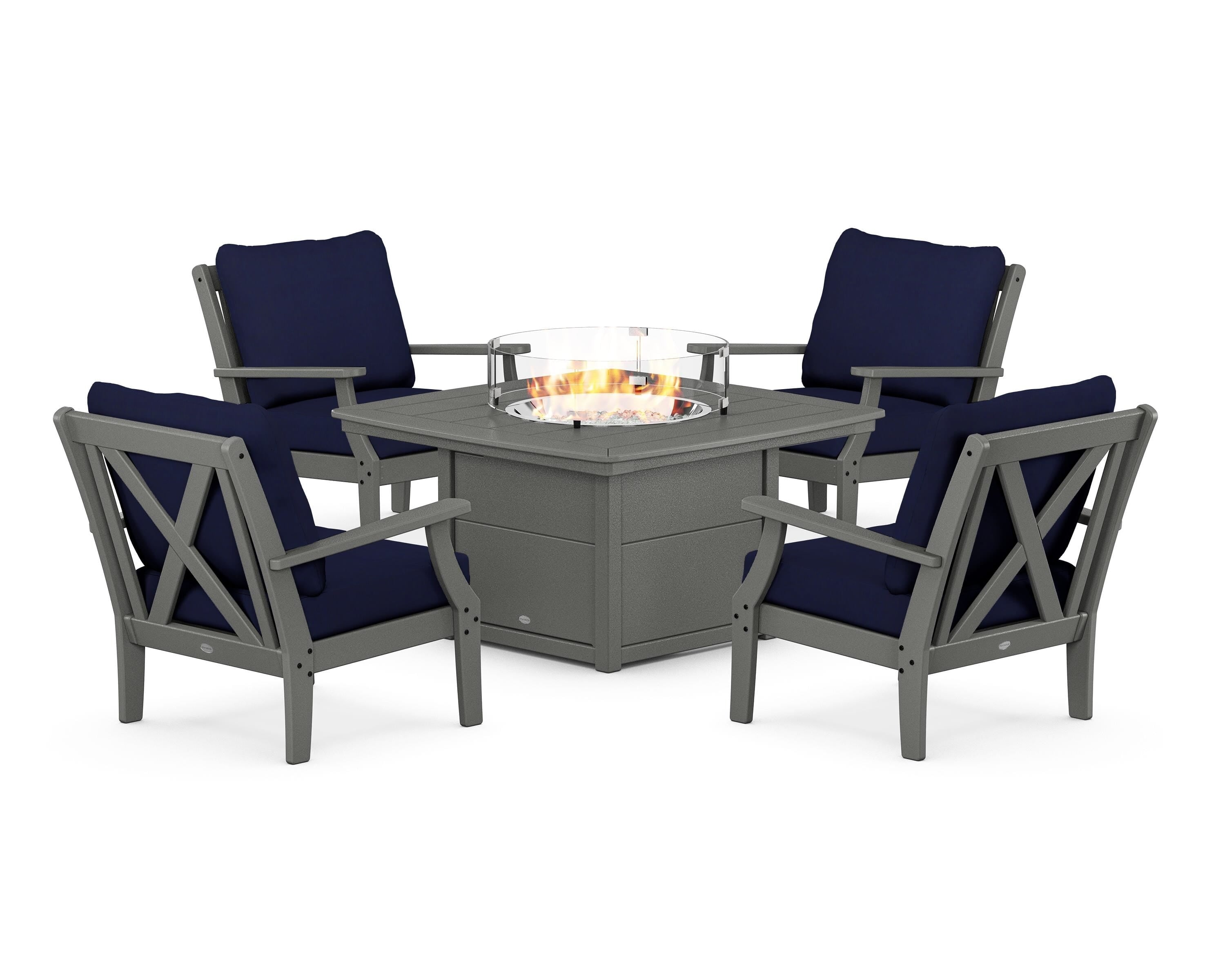 POLYWOOD Braxton 5-Piece Deep Seating Conversation Set with Fire Pit Table in Slate Grey / Navy