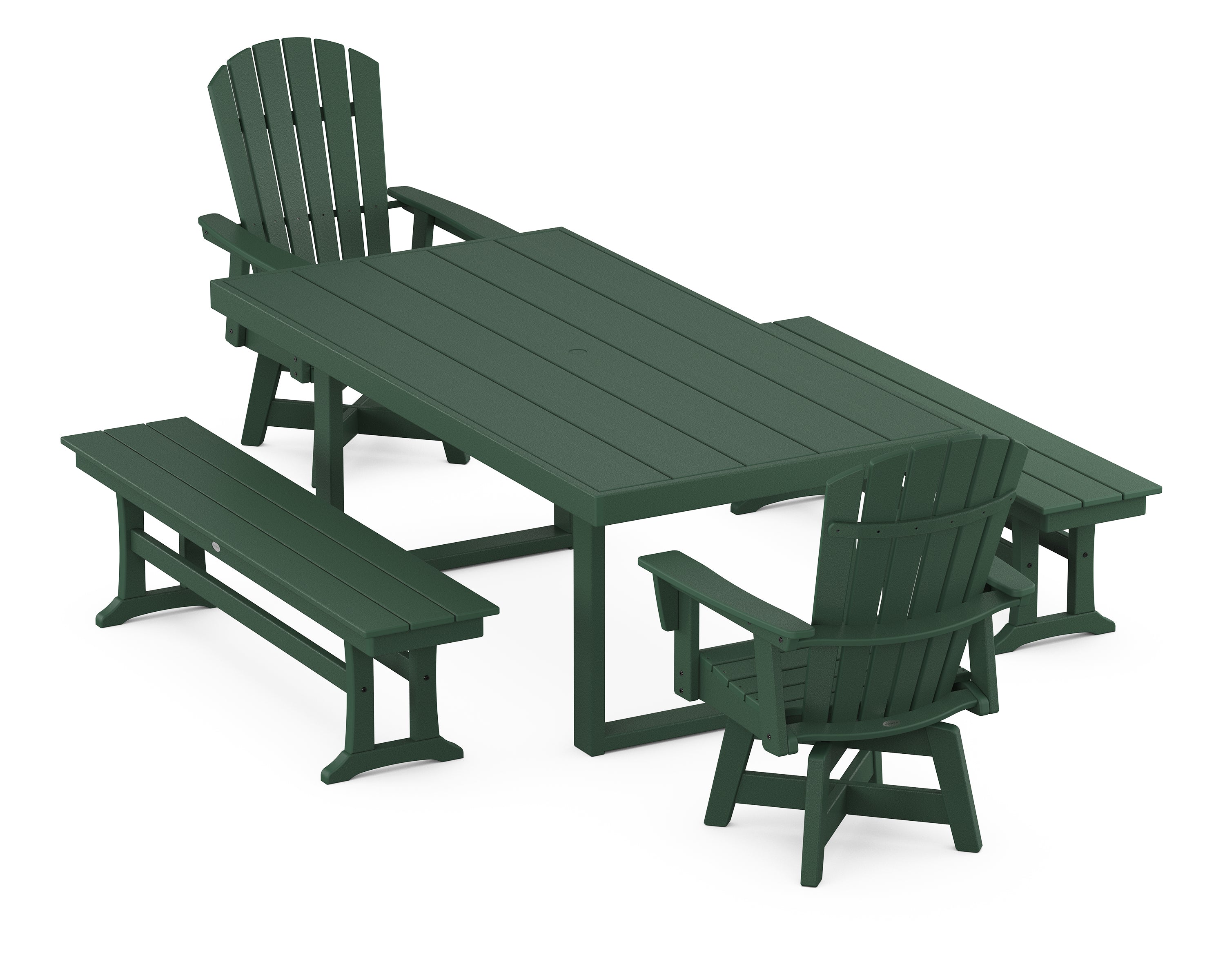 POLYWOOD® Nautical Curveback Adirondack Swivel Chair 5-Piece Dining Set with Benches in Green