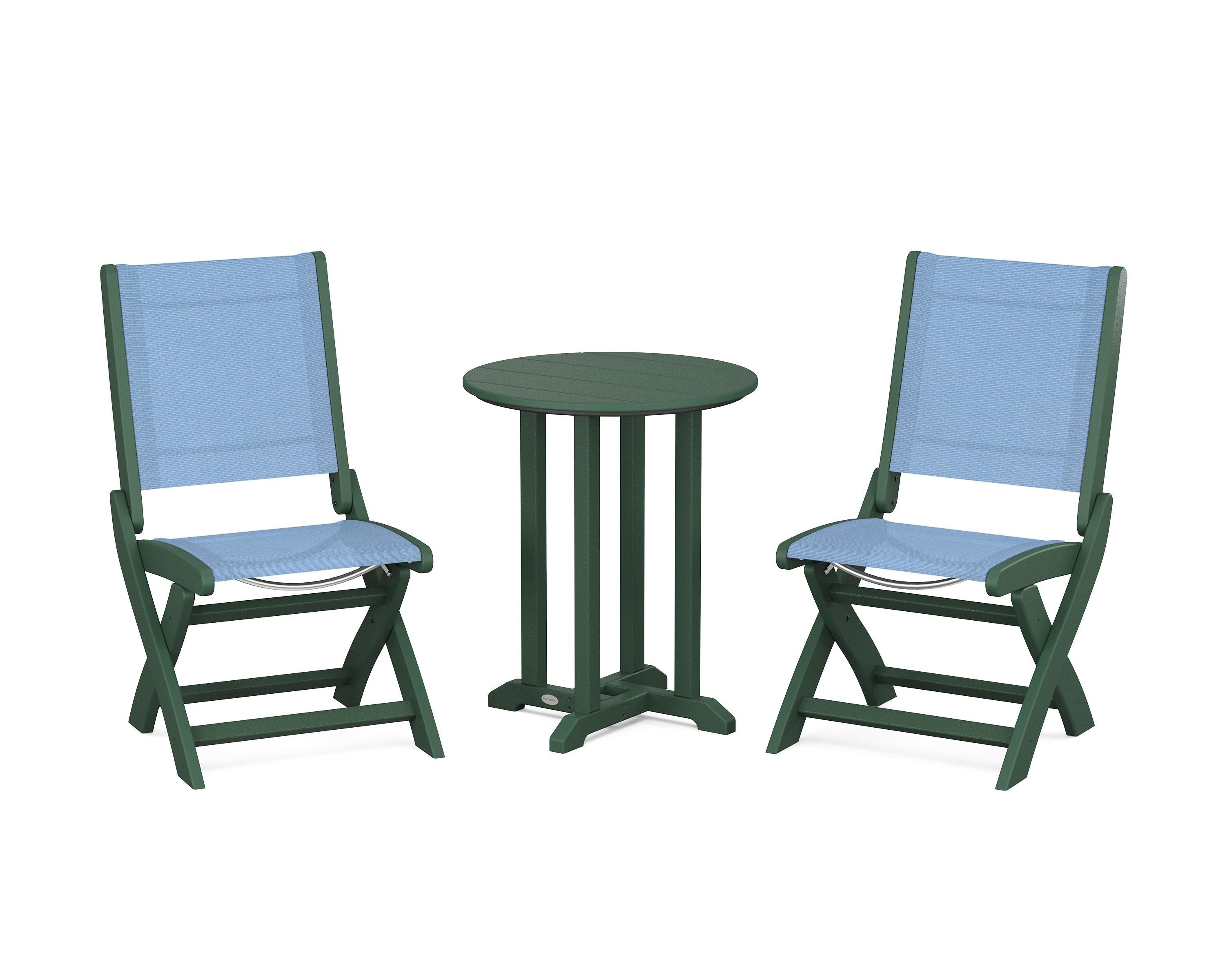 POLYWOOD Coastal Folding Side Chair 3-Piece Round Bistro Dining Set in Green / Poolside Sling