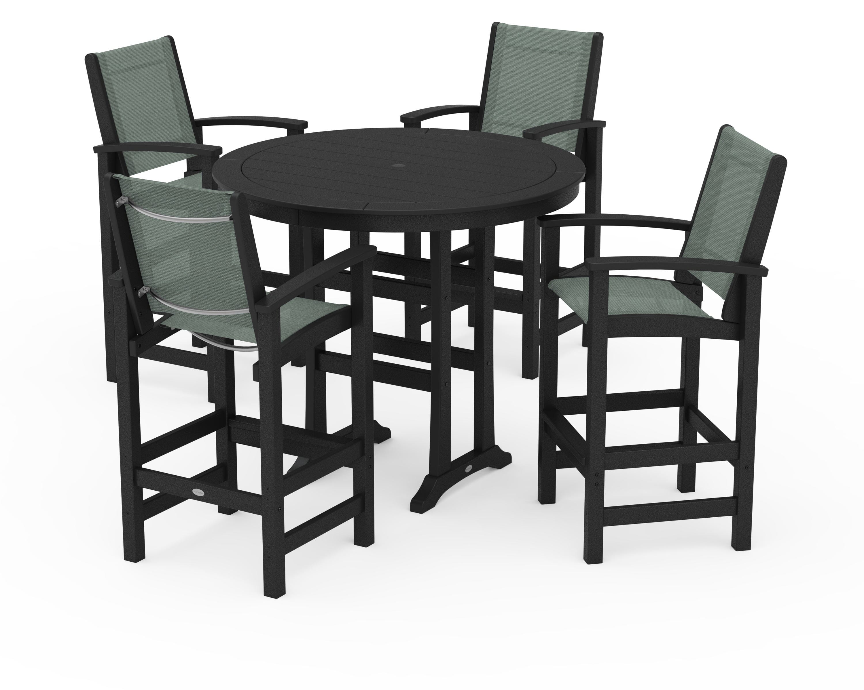 POLYWOOD Coastal 5-Piece Nautical Trestle Bar Set in Black / Dupioni Sea Mist Sling