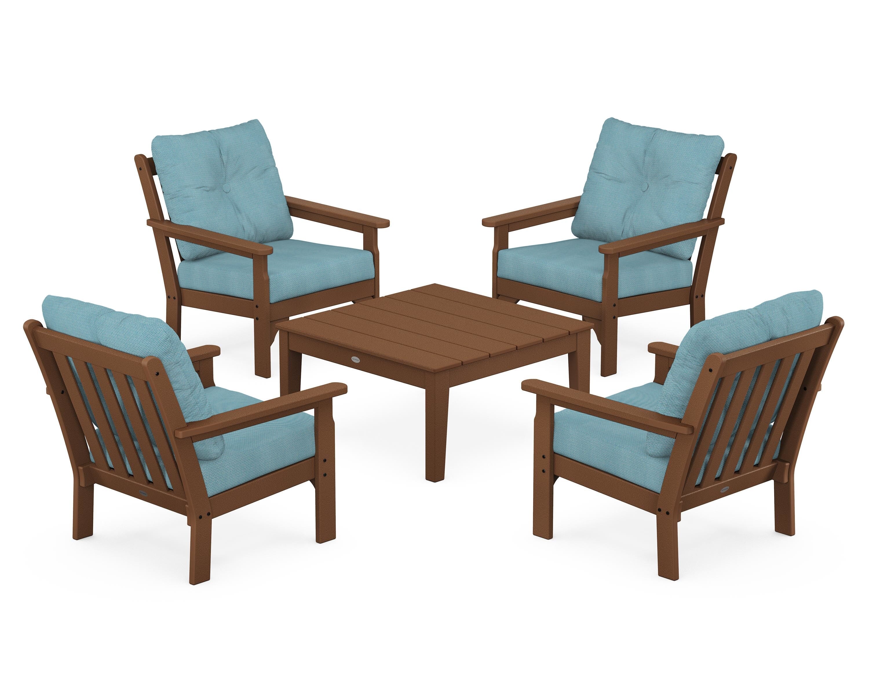 POLYWOOD Vineyard 5-Piece Deep Seating Conversation Set in Teak / Lattice Sky Blue
