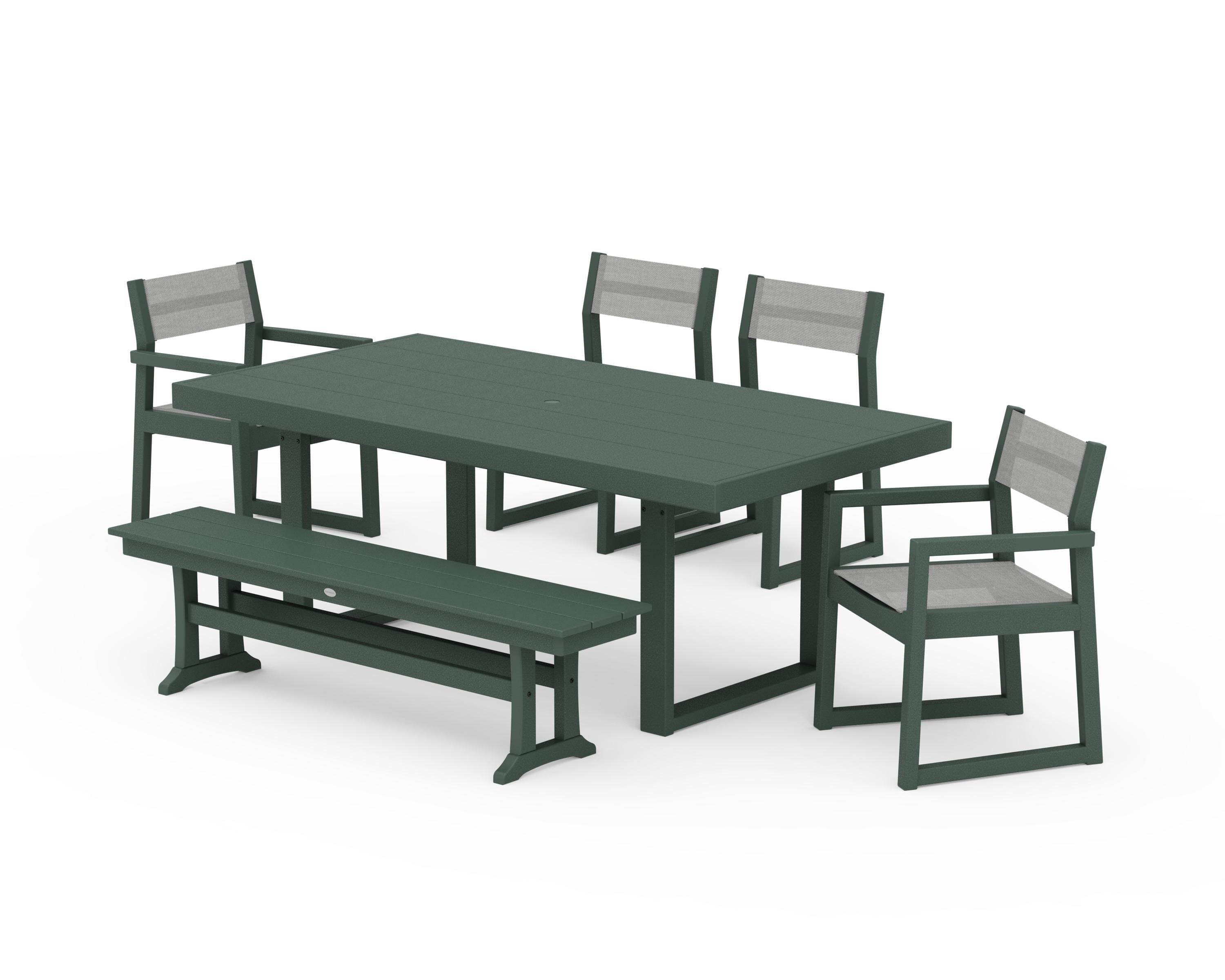 POLYWOOD EDGE Sling 6-Piece Dining Set with Bench in Green / Metallic Sling